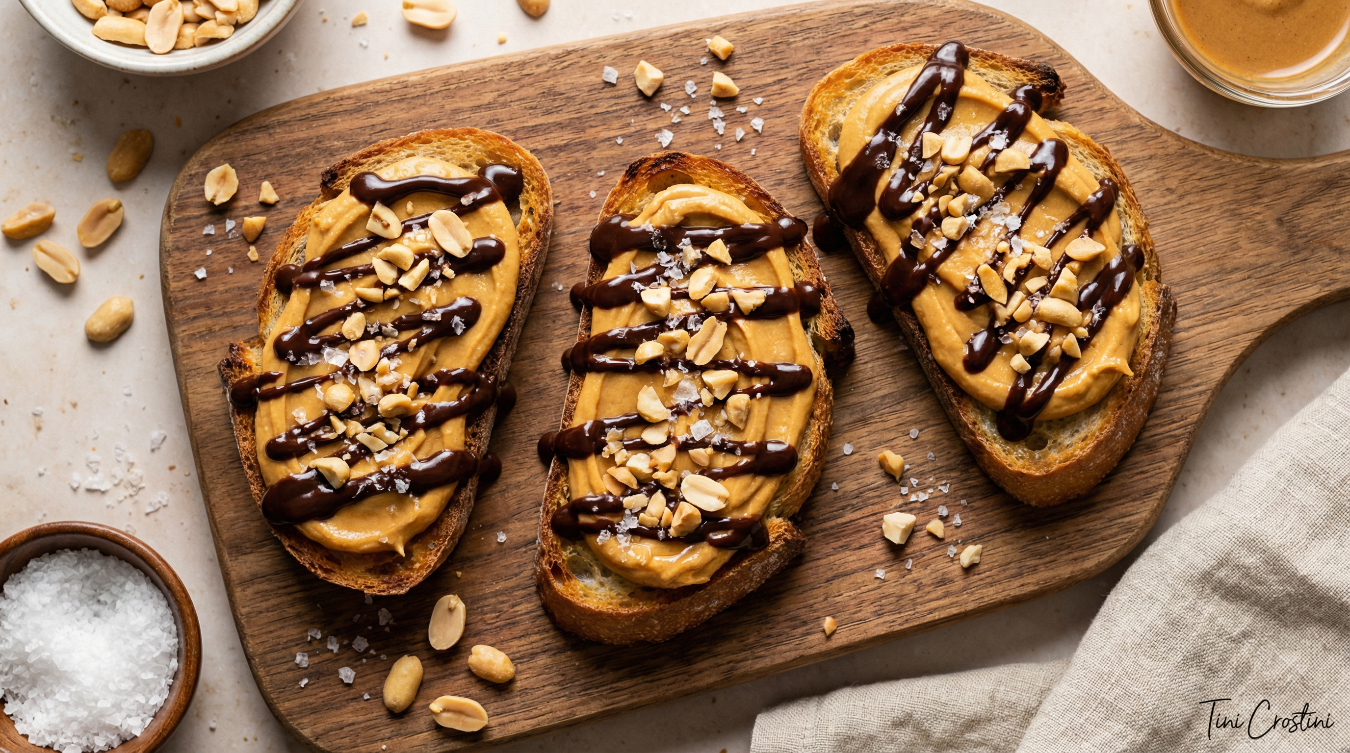 Dark Chocolate Peanut Butter Crunch Crostini