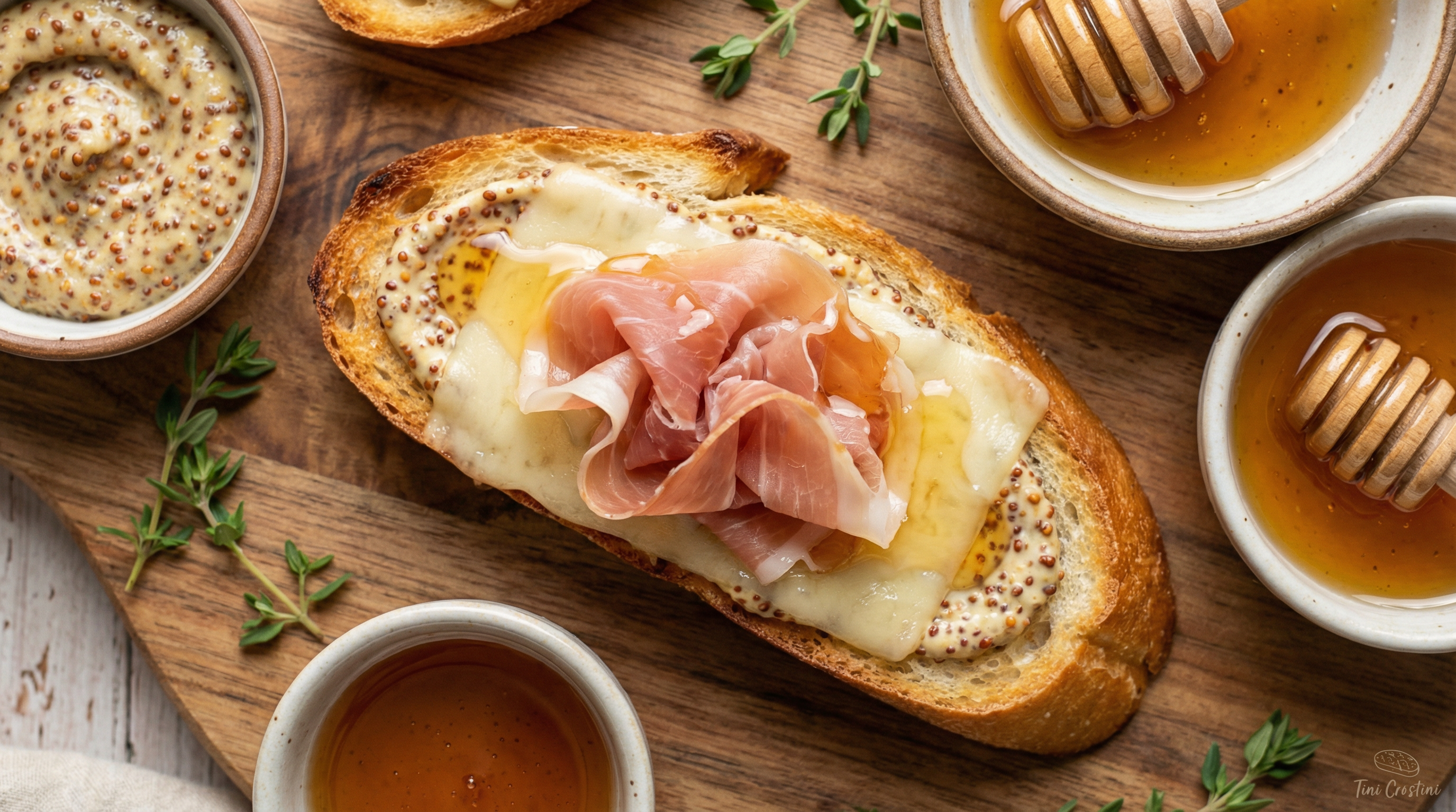 Prosciutto, Gruyère, and Honey-Mustard Crostini