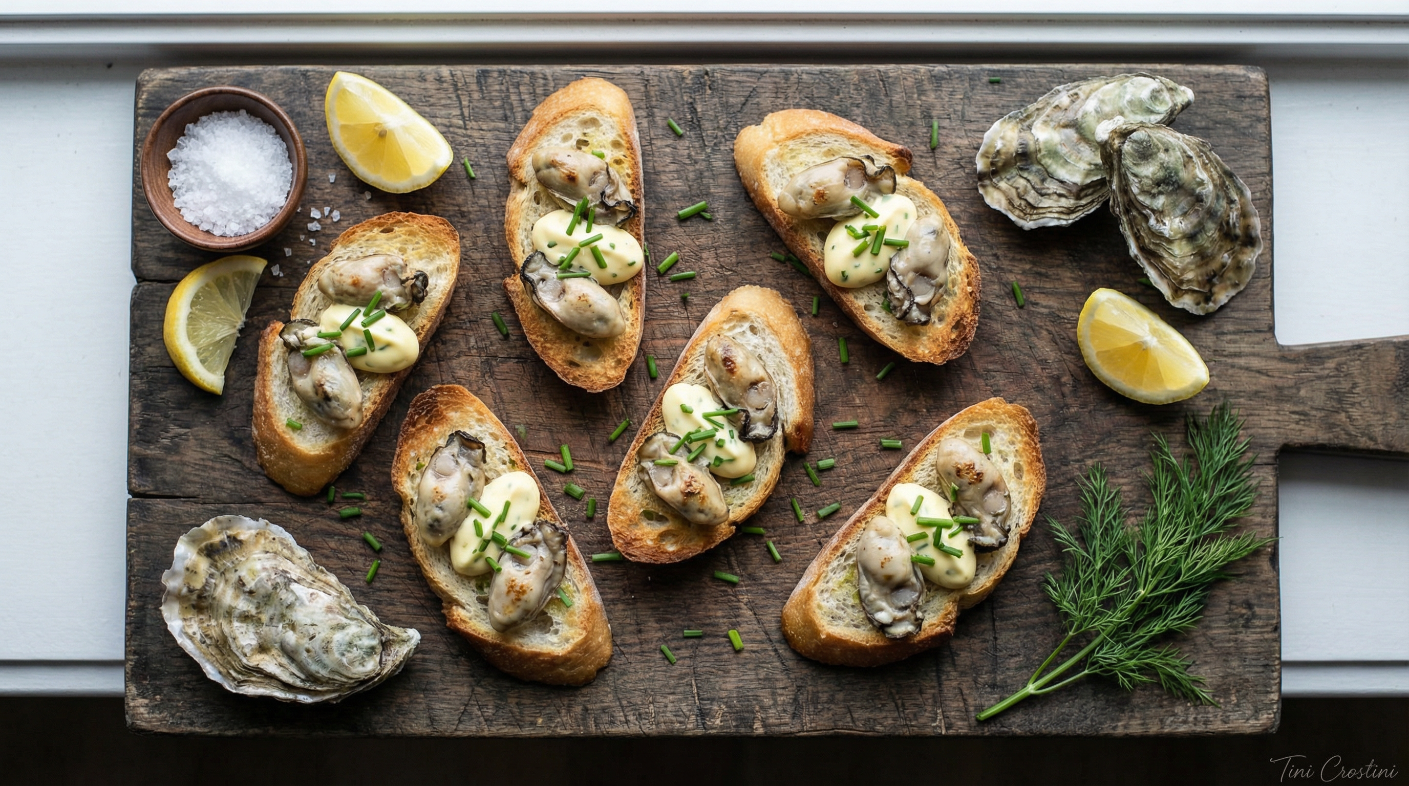 Smoked Oyster and Lemon-Chive Crostini