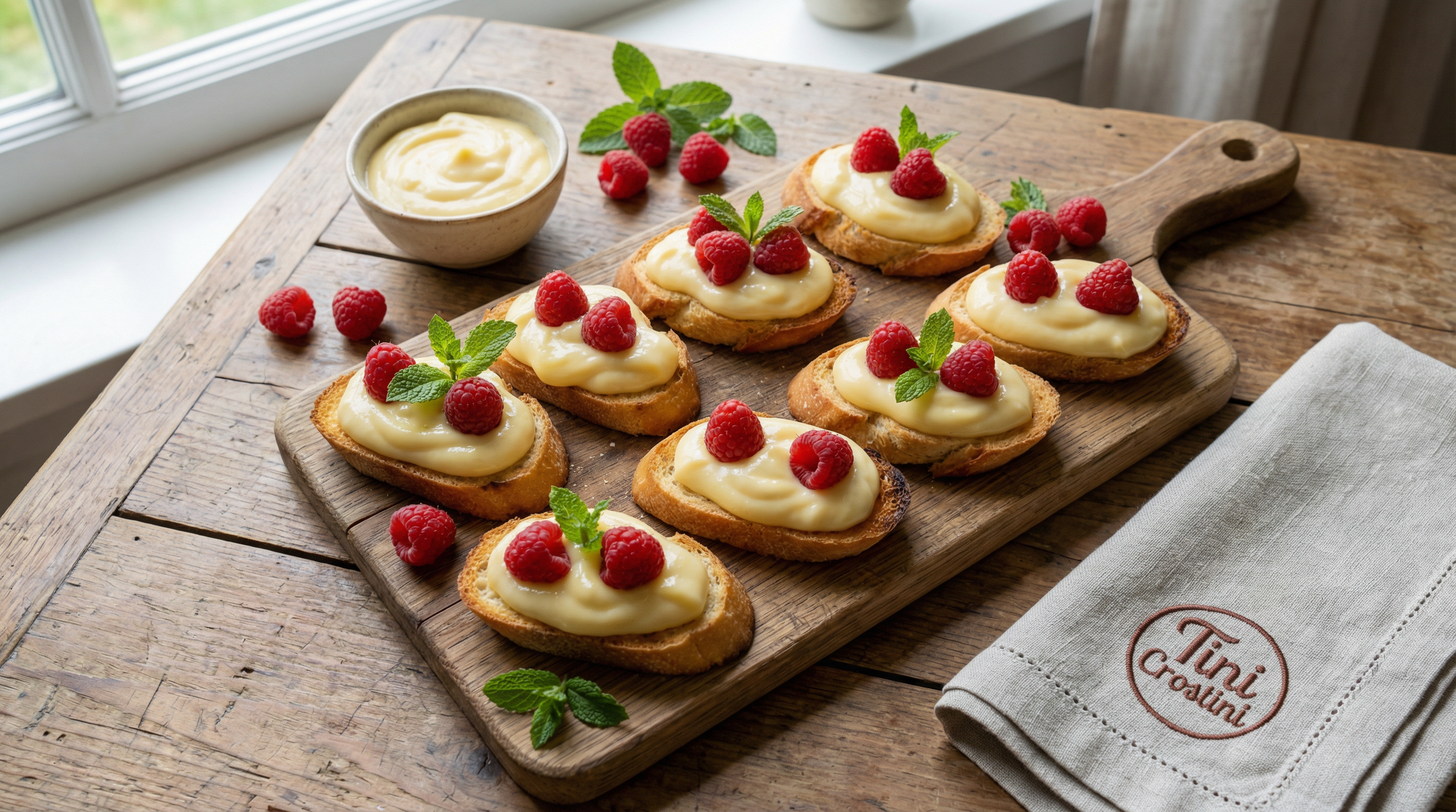 Vanilla Custard and Raspberry Crostini