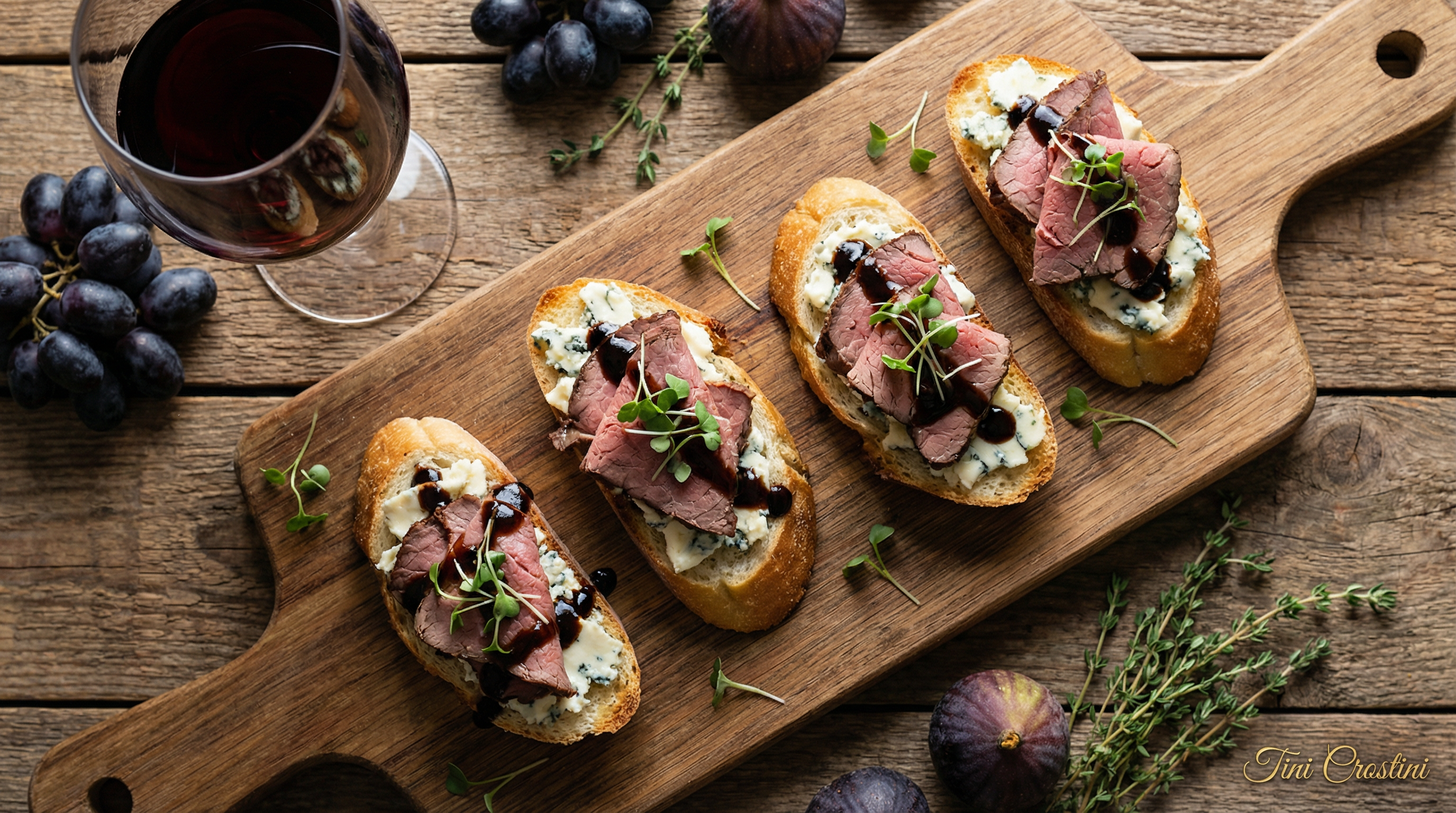 Cabernet-Kissed Roast Beef & Blue Cheese Crostini