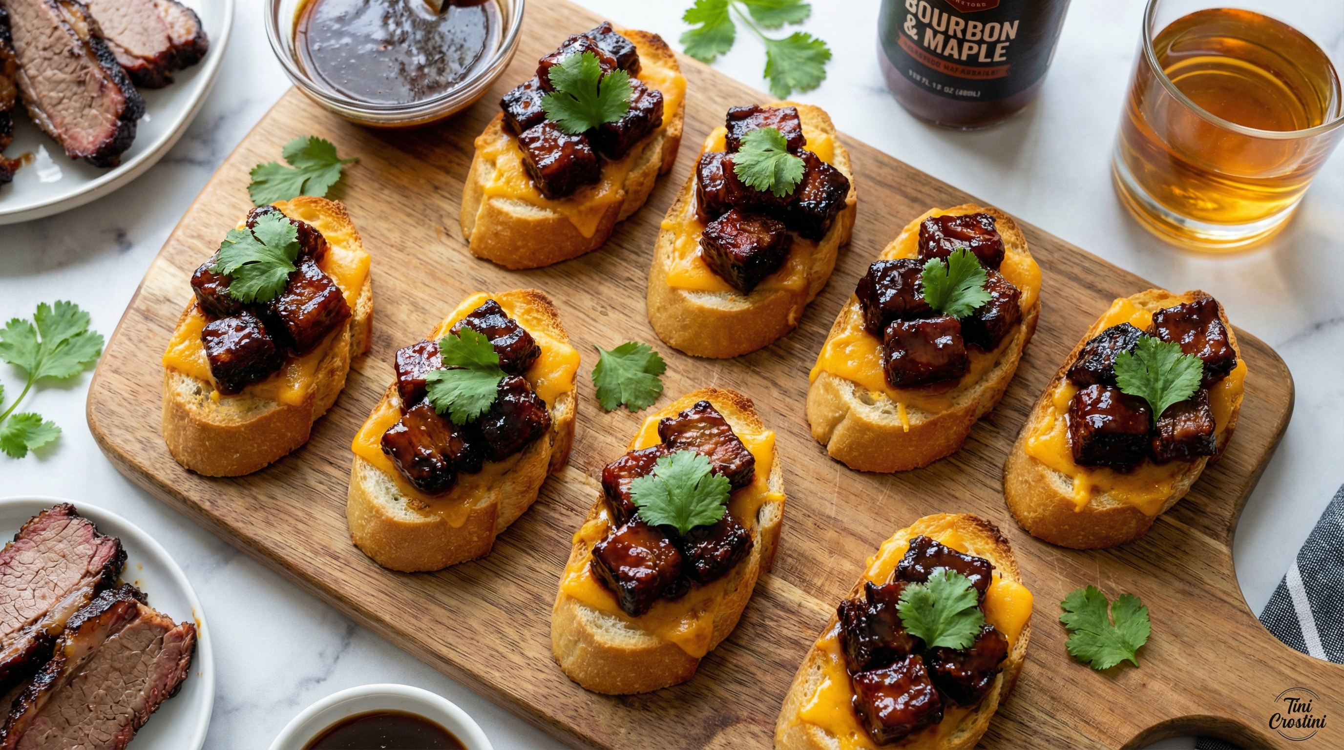 Smoked Brisket Burnt End Crostini with Bourbon Glaze