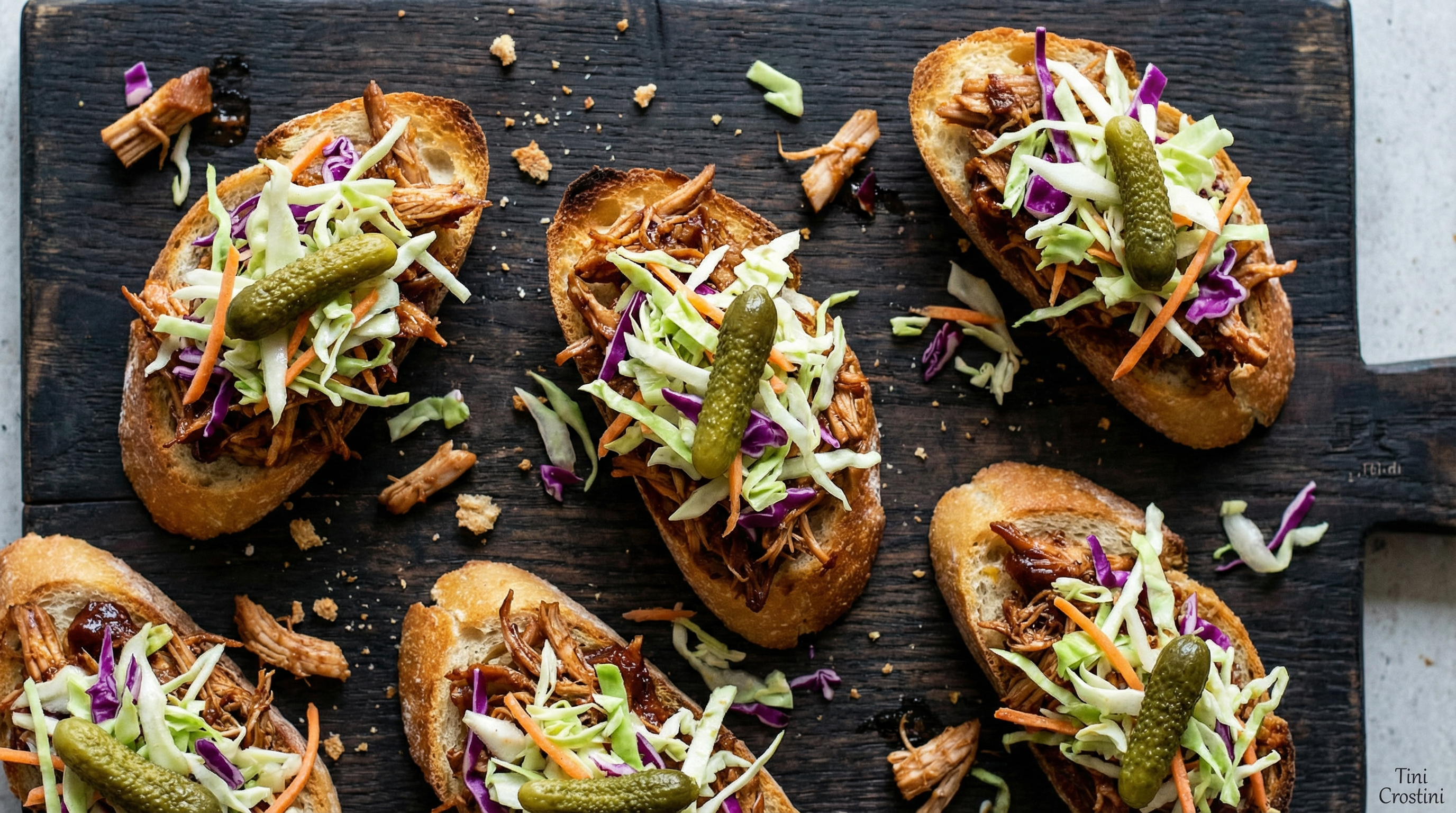 Smoky Pulled Chicken and Tangy Slaw Crostini