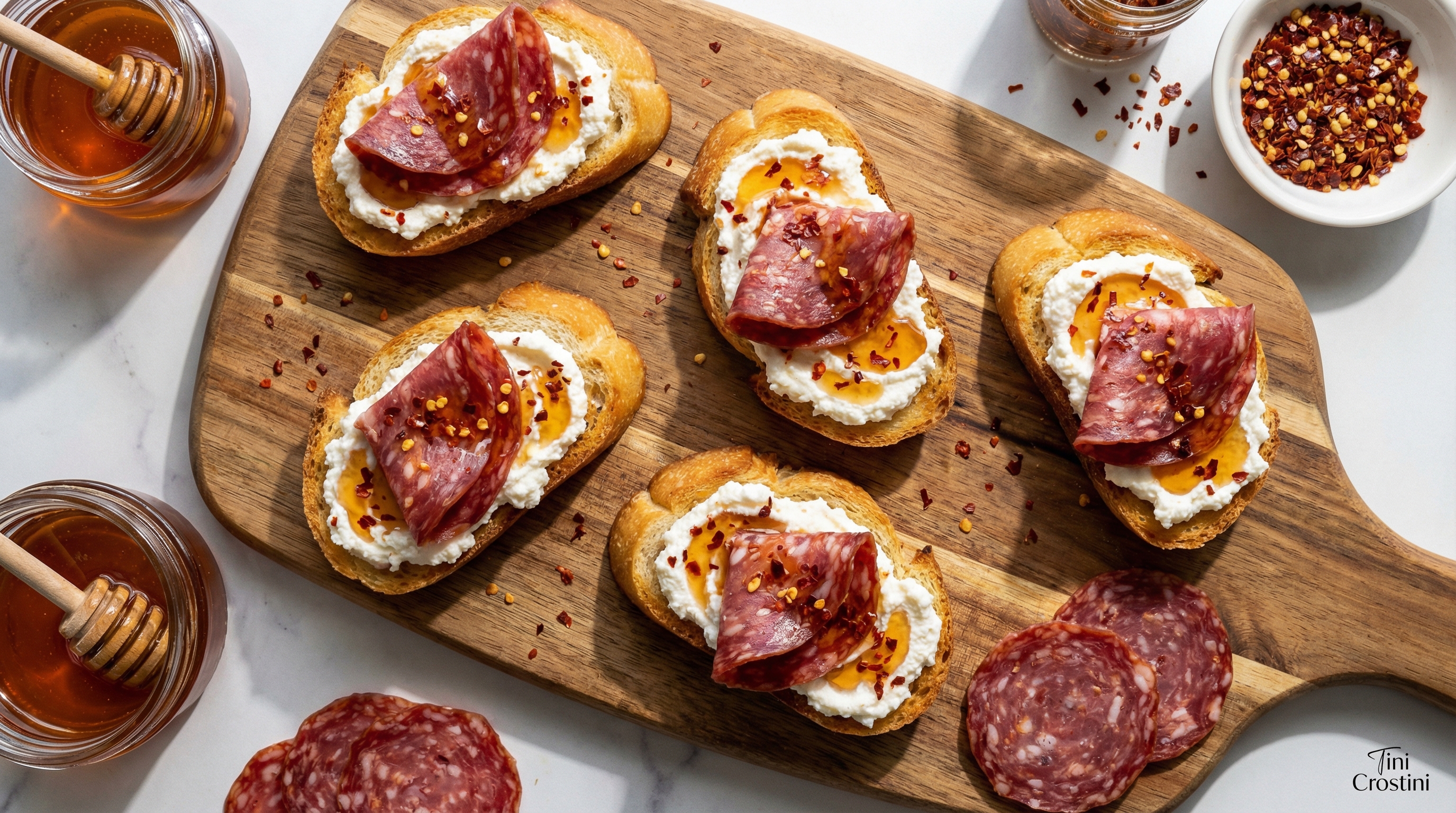 Spicy Salami, Whipped Ricotta, and Hot Honey Crostini