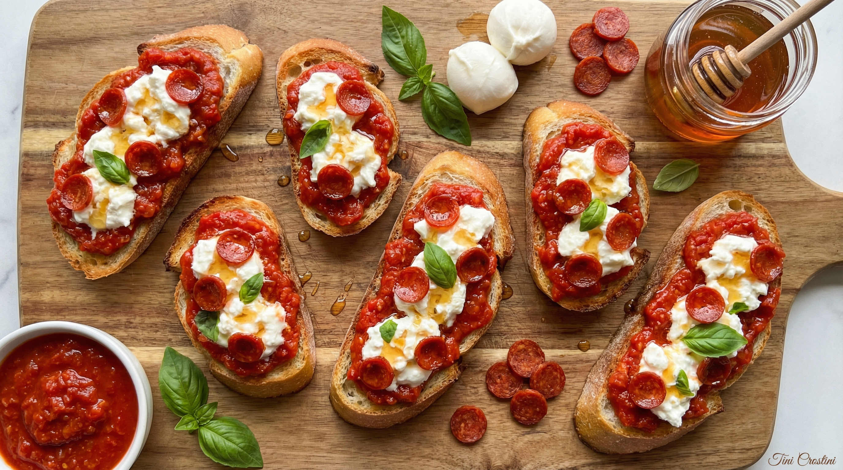 Spicy Pepperoni & Burrata Pizza Crostini