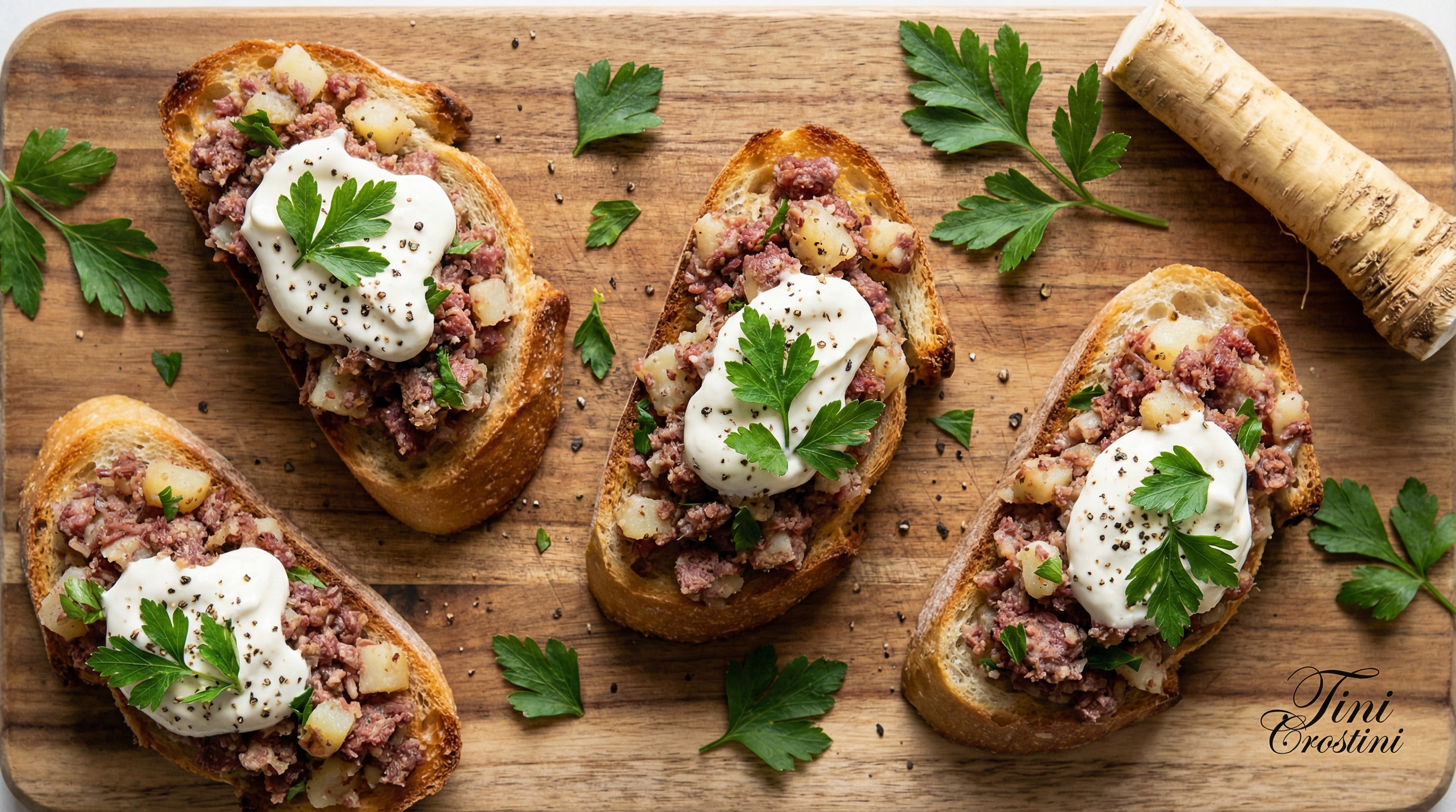 Corned Beef Hash & Horseradish Crostini