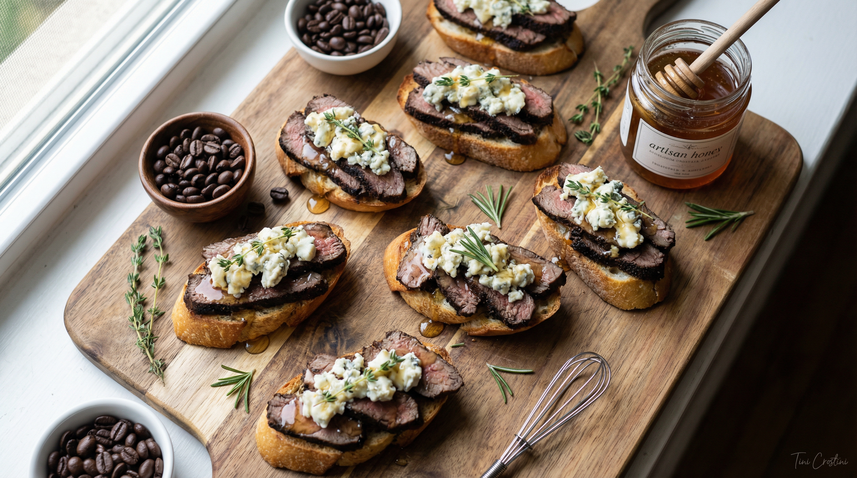 Espresso-Rubbed Steak and Honey-Gorgonzola Crostini