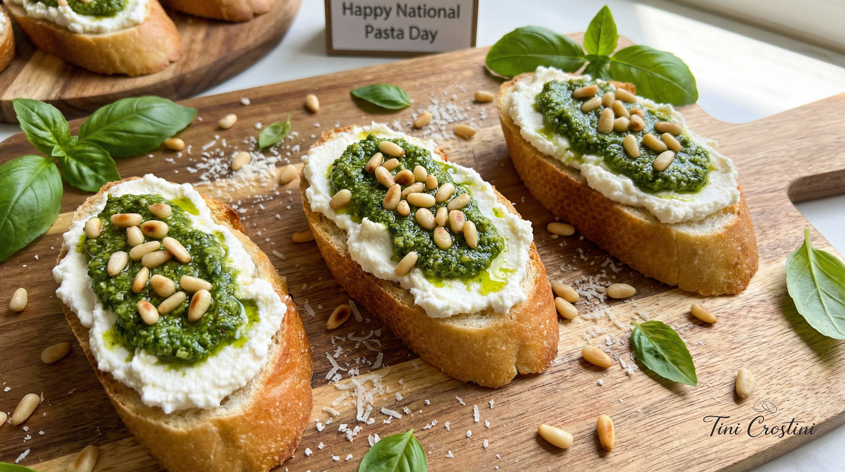 Pesto Ricotta Crostini with Toasted Pine Nuts