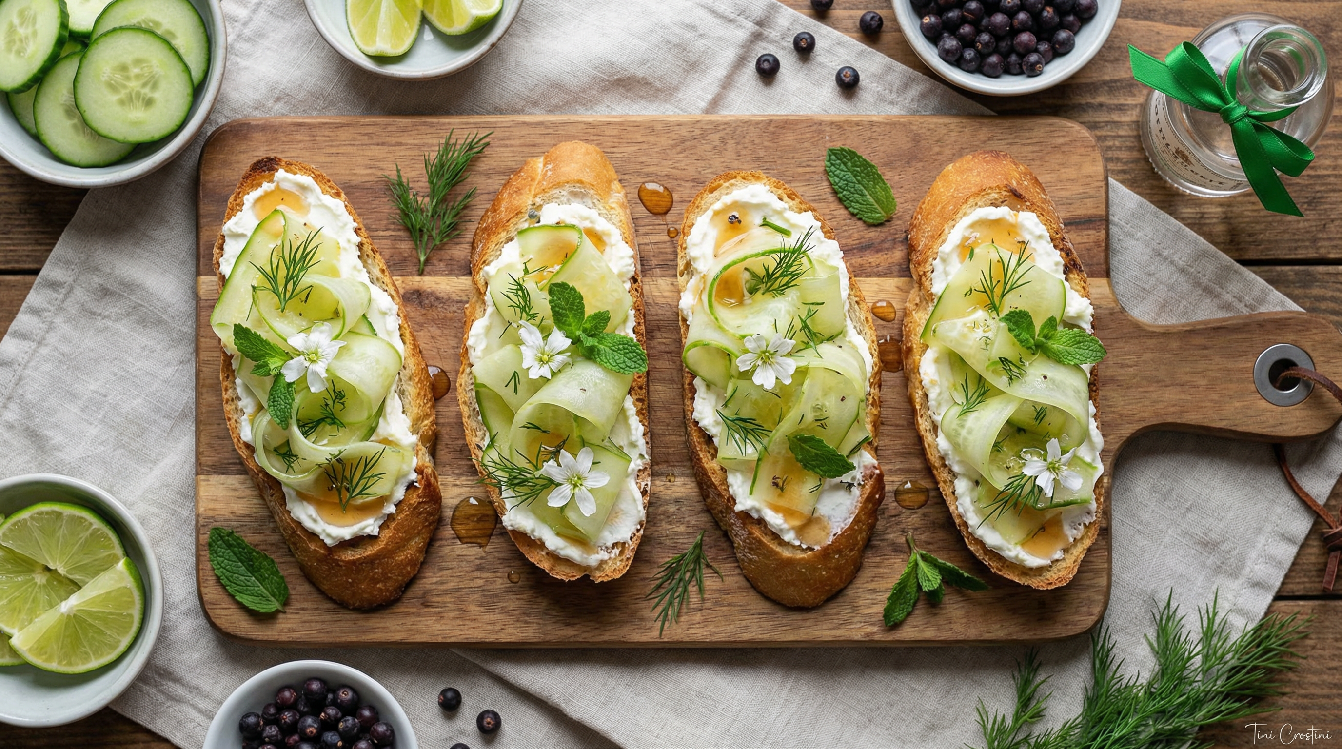 Gin-Marinated Cucumber and Goat Cheese Crostini