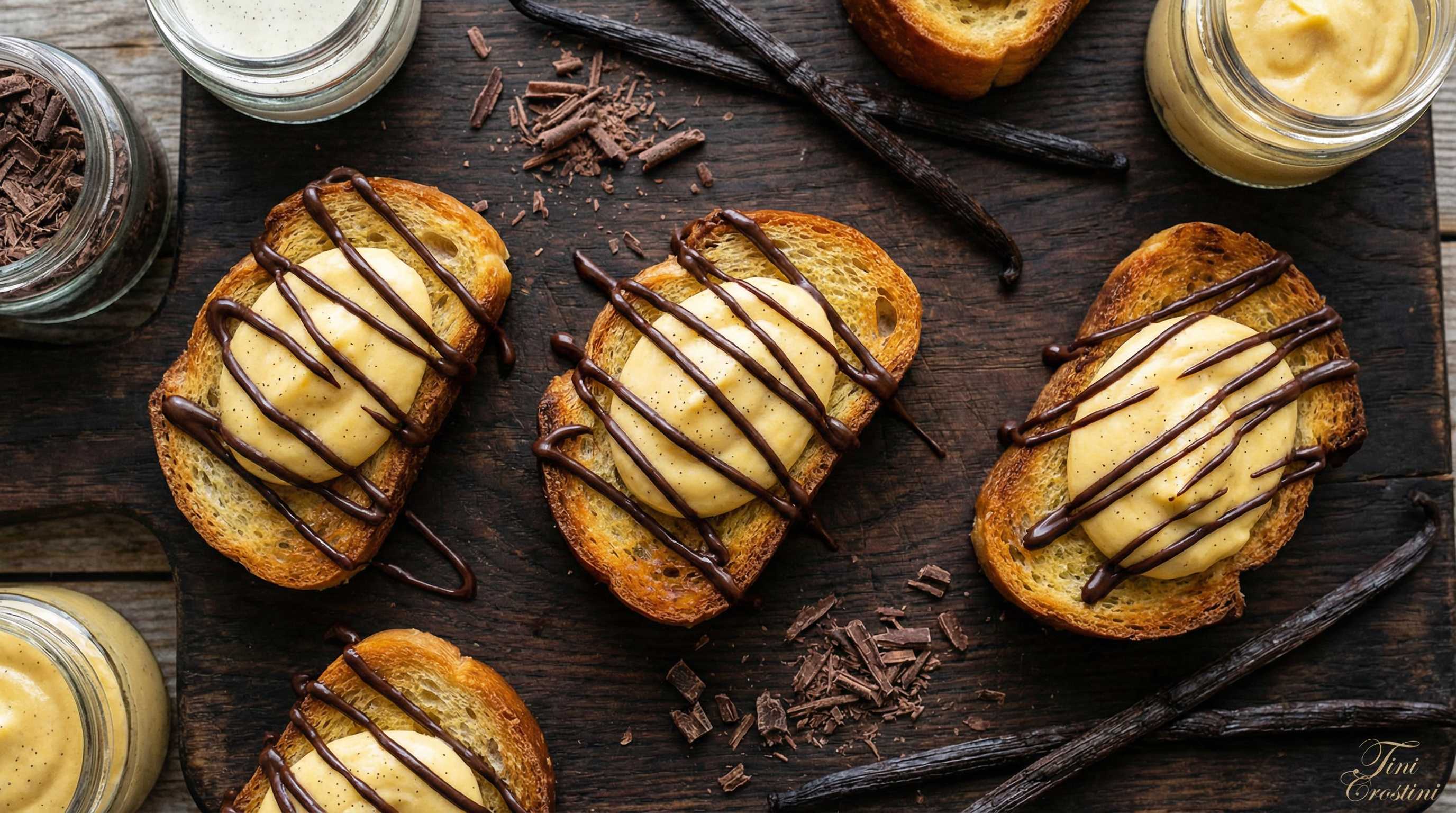 Golden Vanilla Cream and Chocolate Ganache Crostini