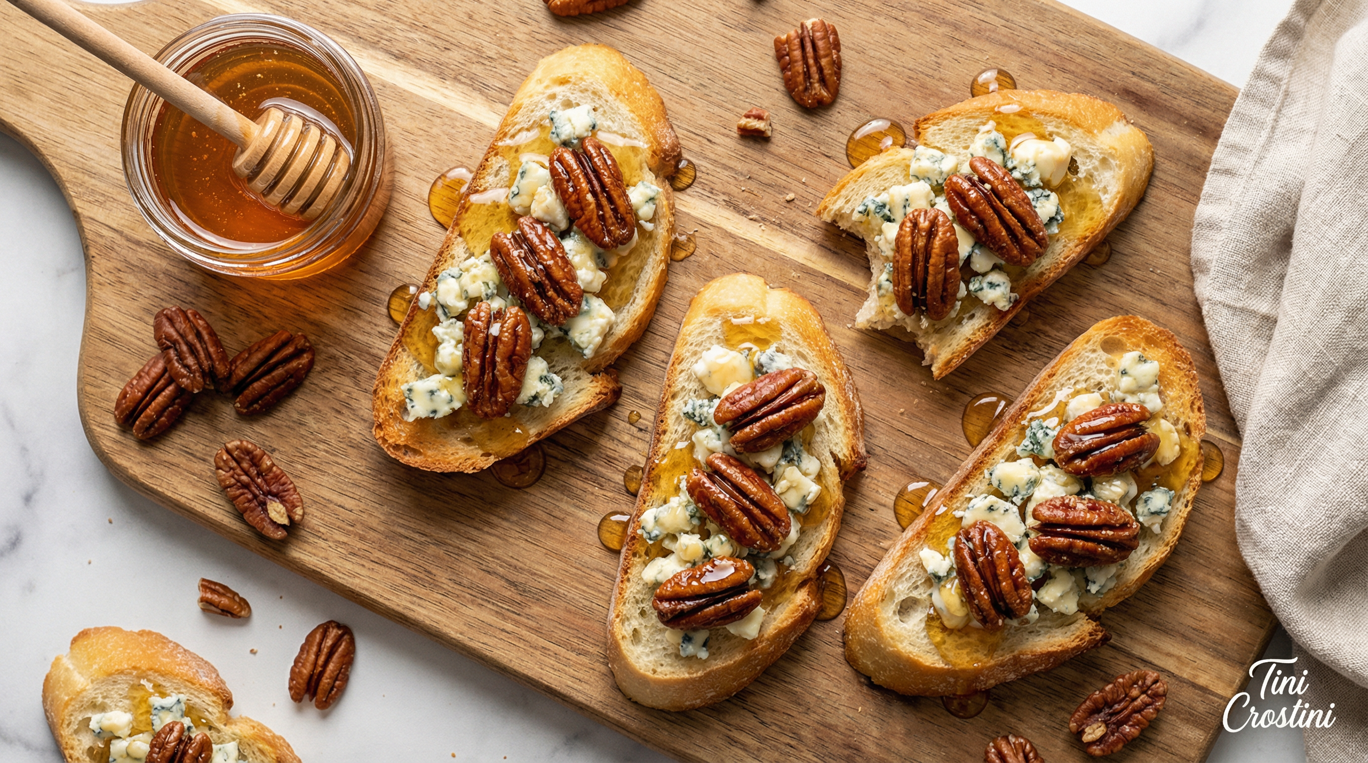 Candied Pecan and Blue Cheese Honey Crostini