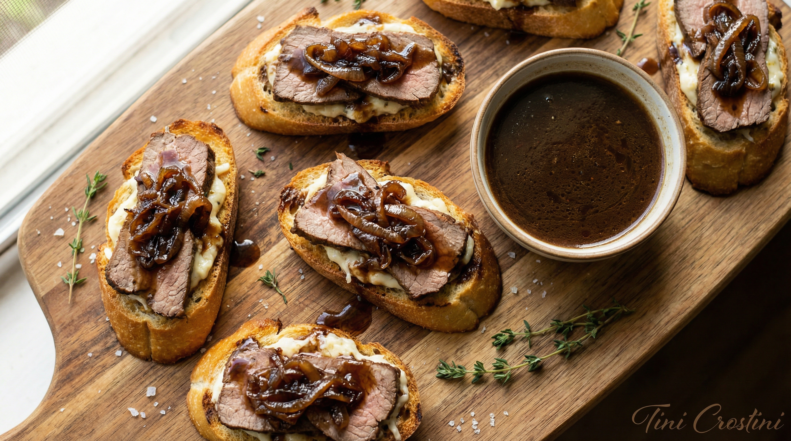 Caramelized Onion and Roast Beef Au Jus Crostini