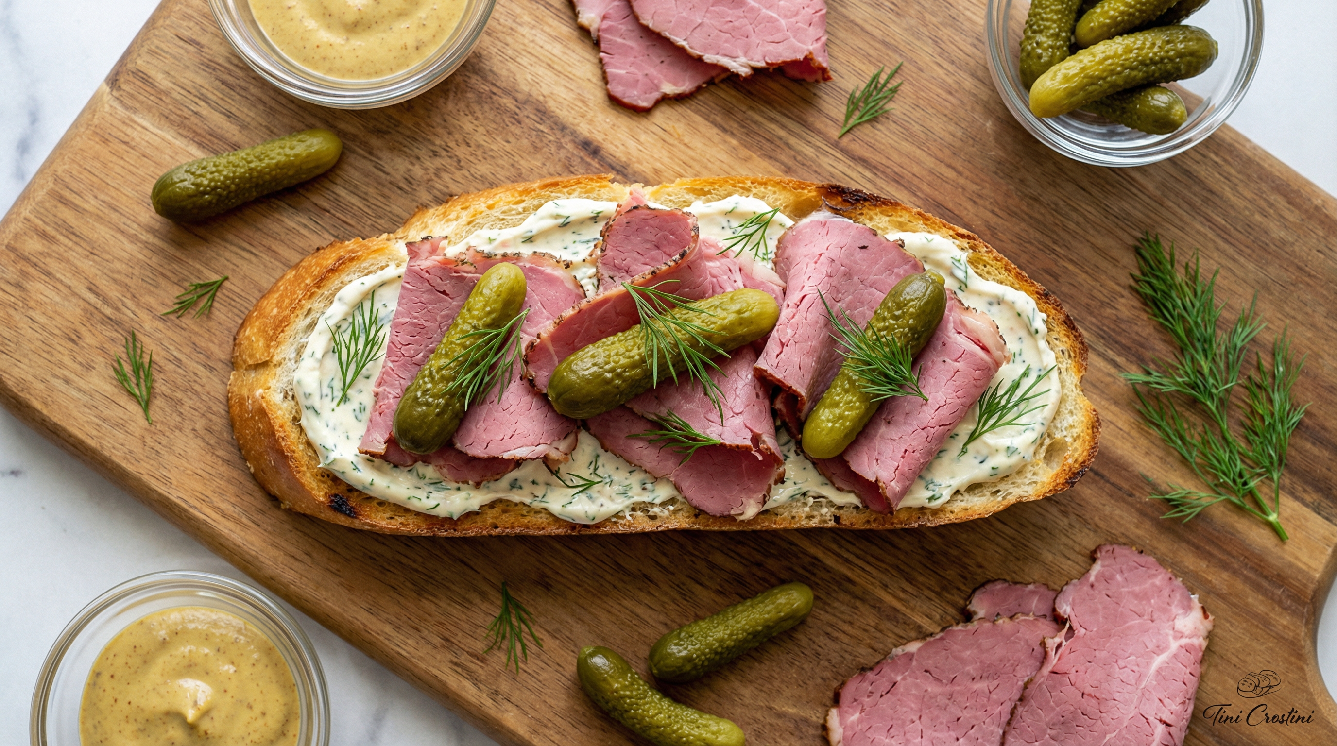 Gourmet Pastrami & Dill Pickle Crostini
