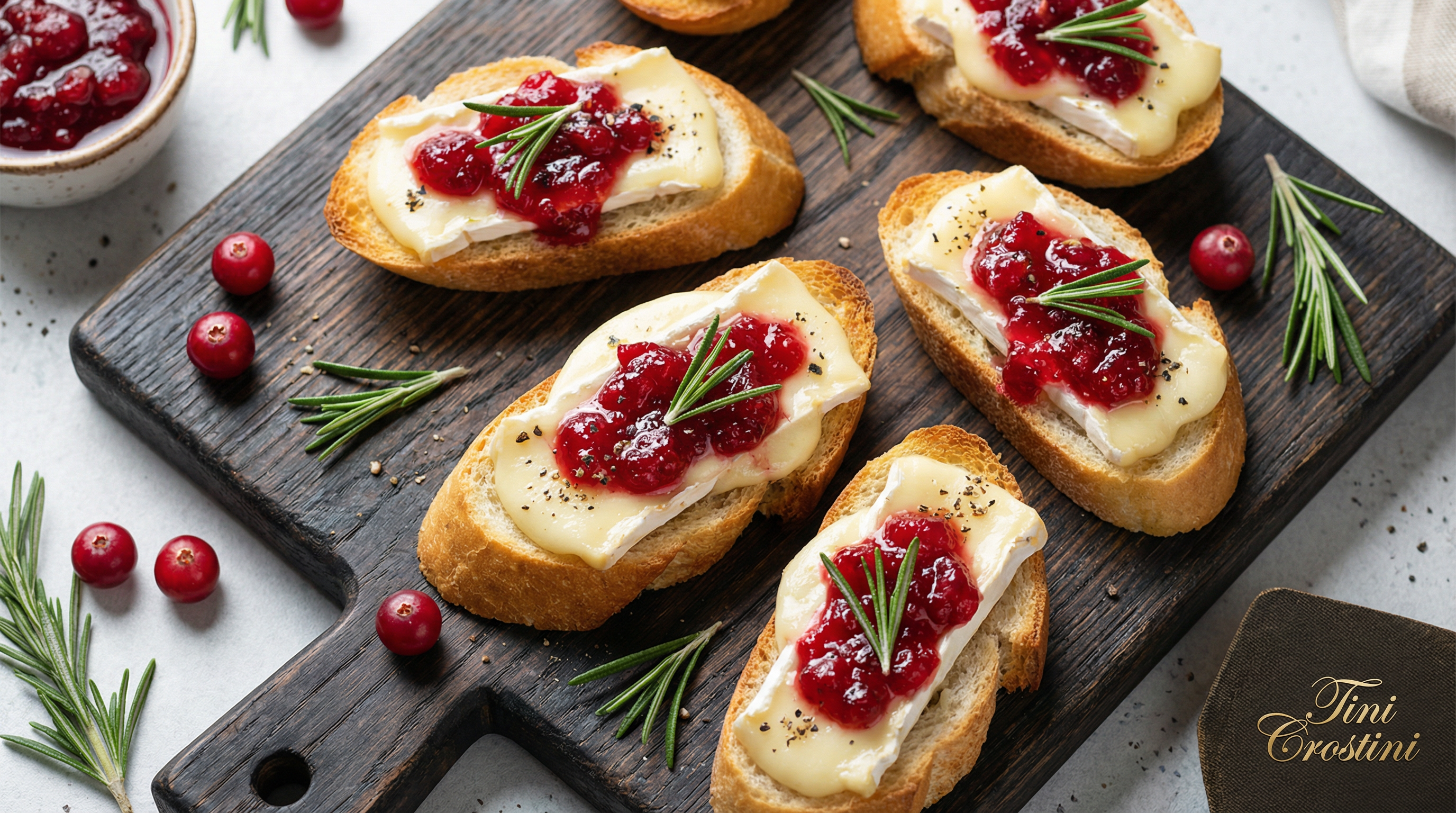 Cranberry Brie and Rosemary Winter Crostini