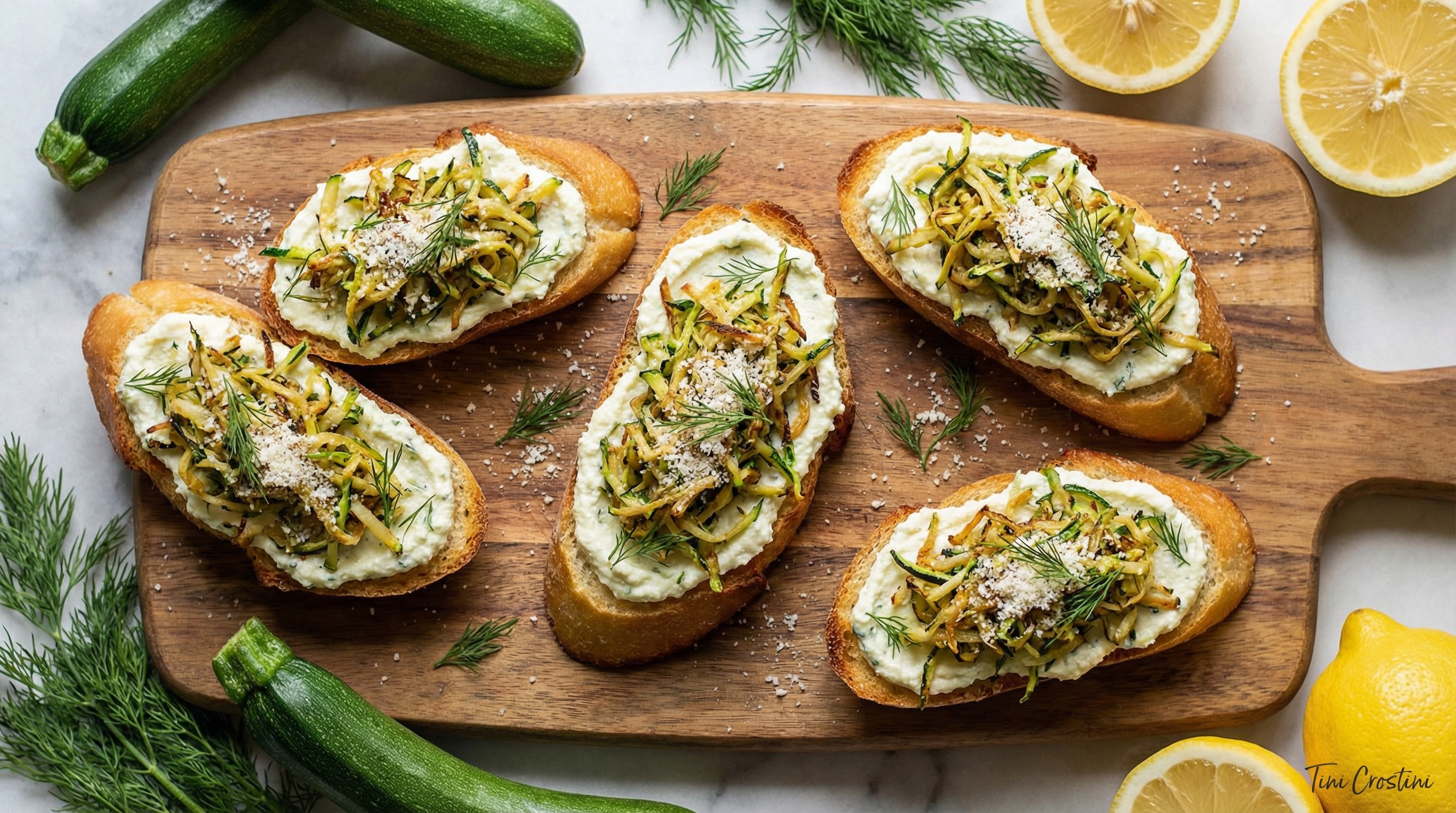 Crispy Zucchini Fritter Crostini with Lemon-Dill Ricotta