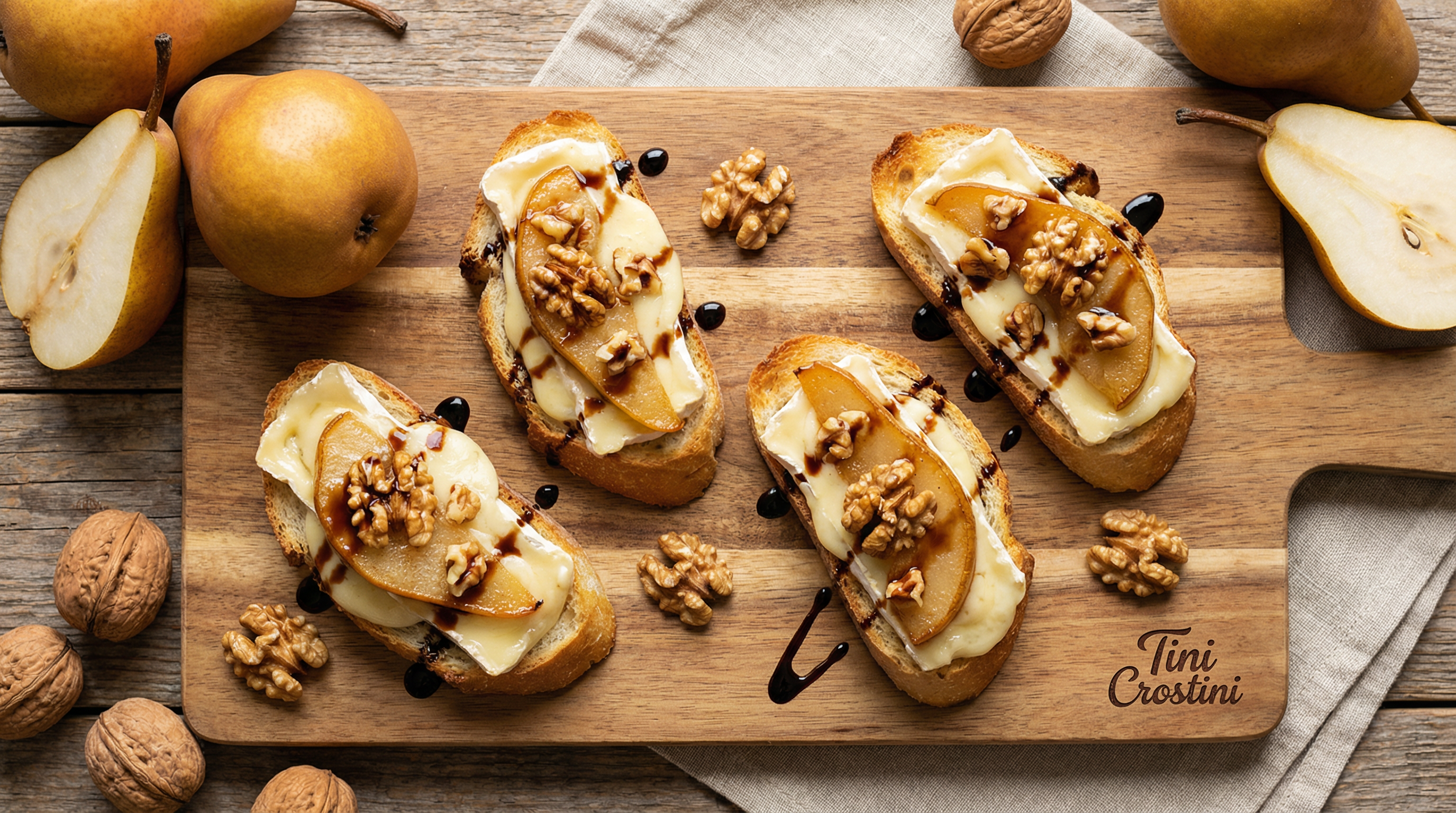Caramelized Pear Brie and Walnut Crostini