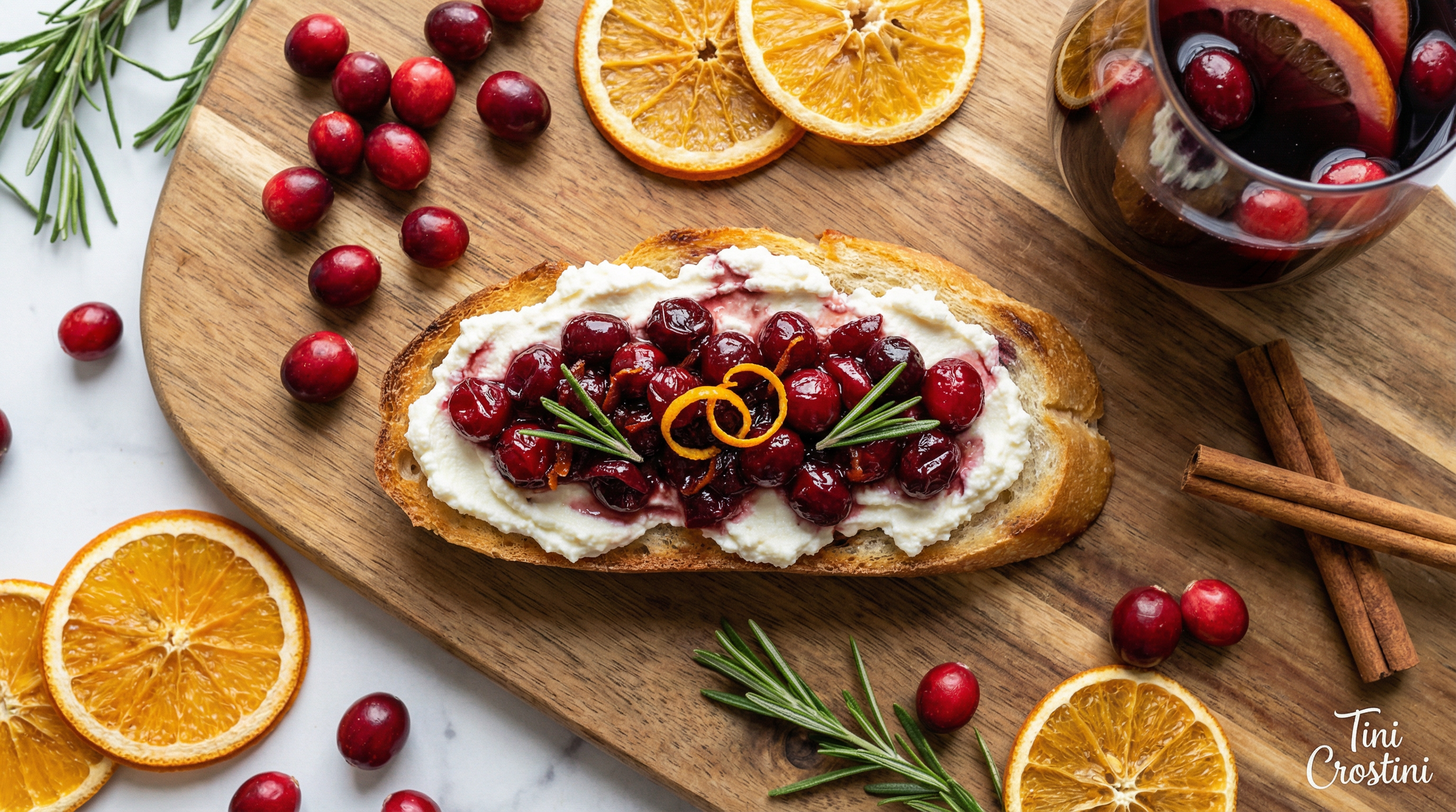 Sangria-Spiced Cranberry Ricotta Crostini