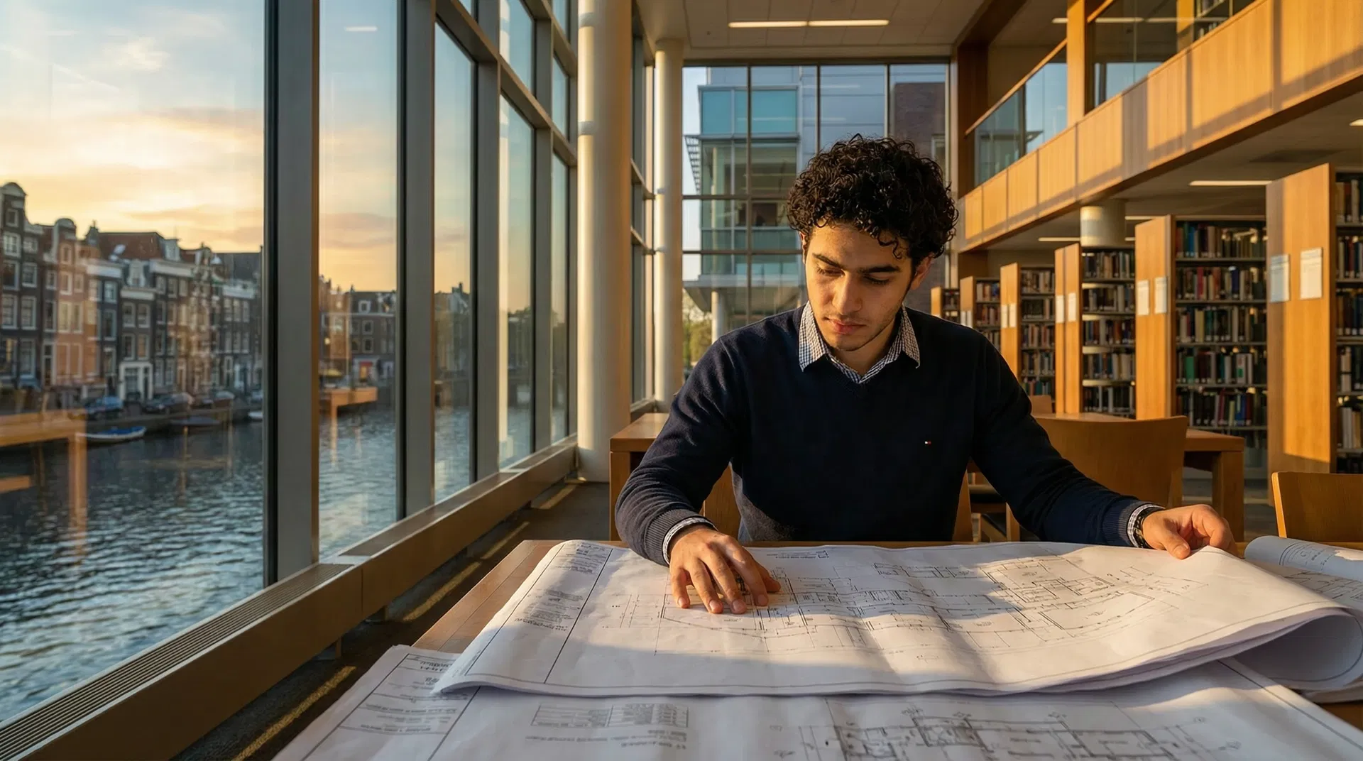 Engineering student studying with blueprints at a modern Dutch university campus at golden hour