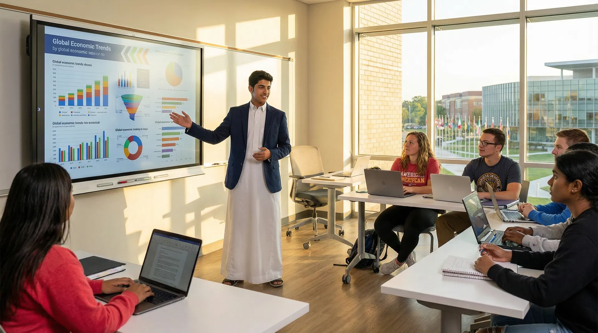 Saudi Arabian student presenting data visualizations in a modern international school classroom