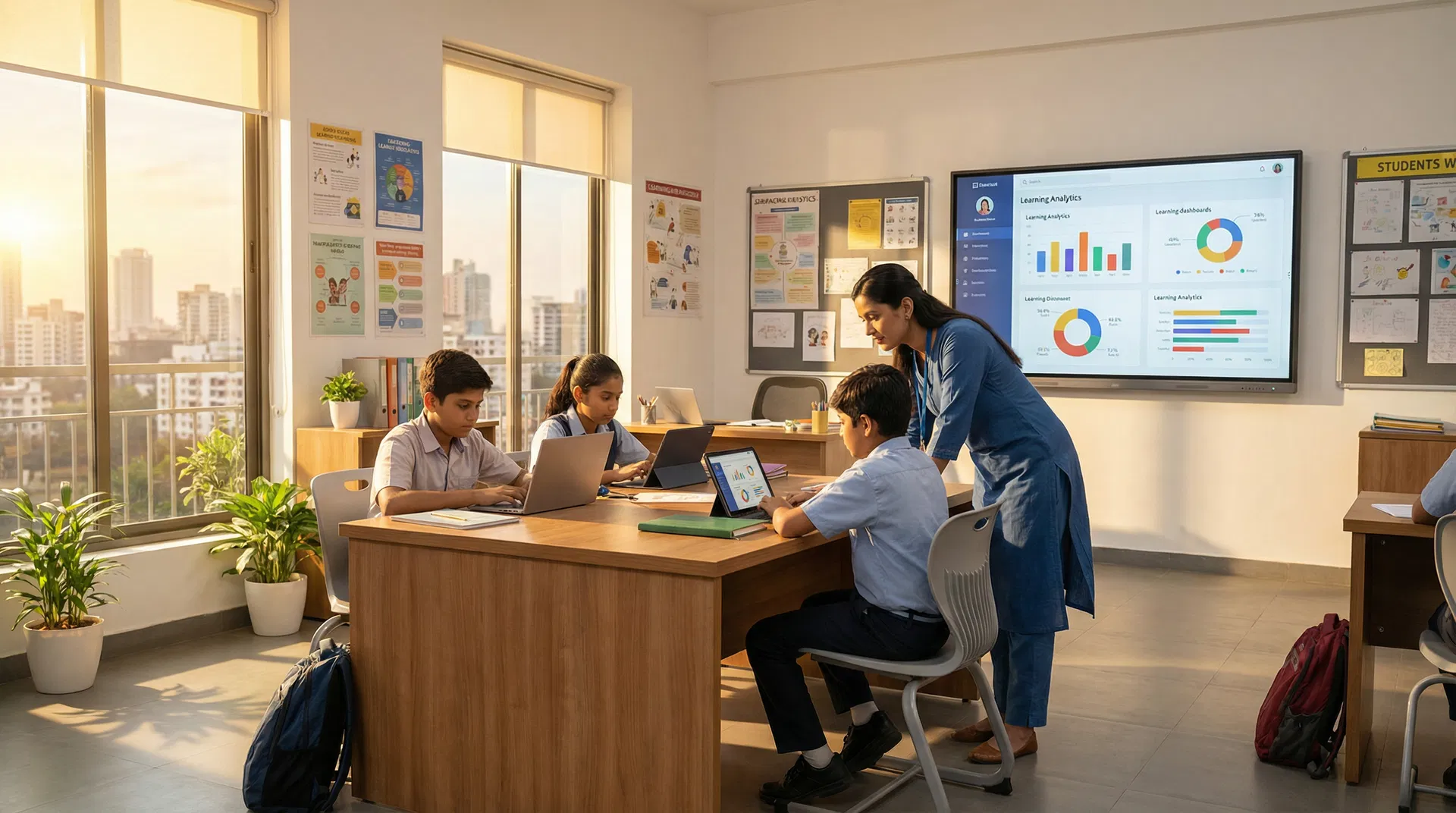 Indian student working at a modern co-learning space with personalized learning dashboards
