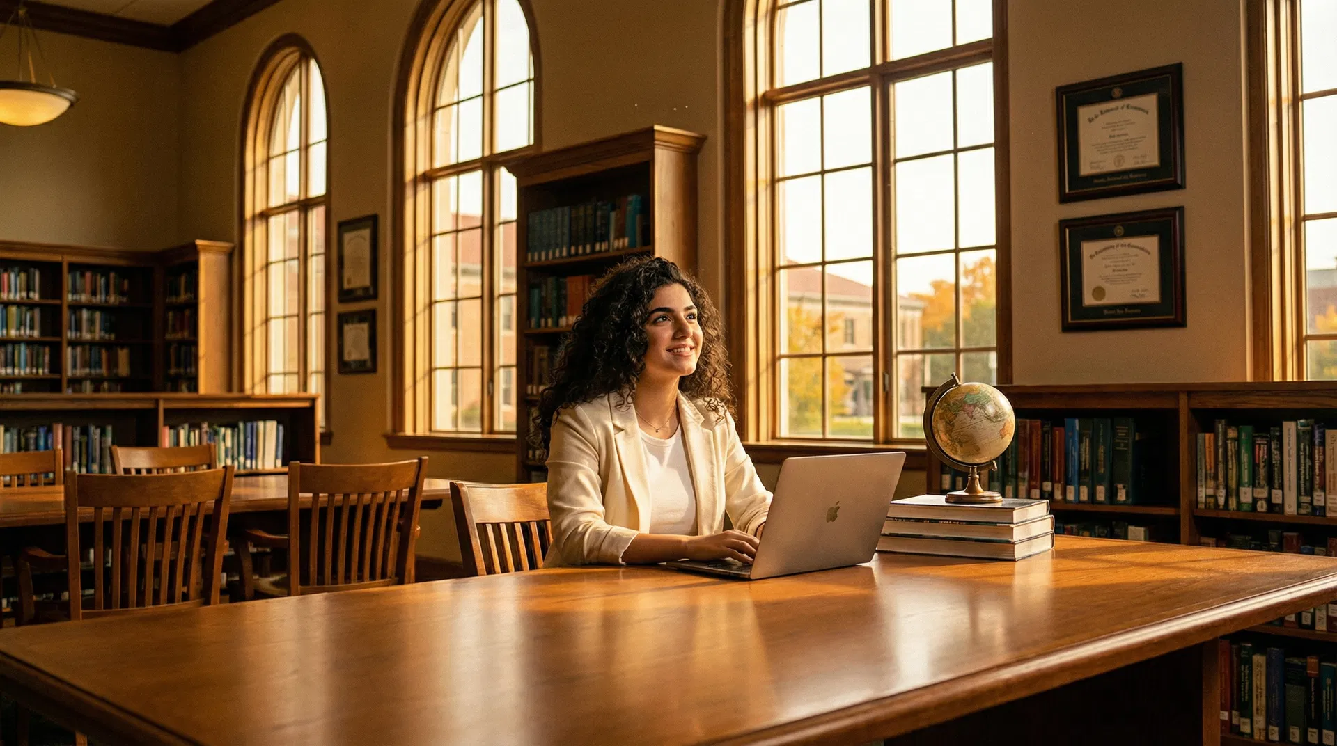 Young Lebanese woman studying confidently in a bright academic library with diplomas and a globe