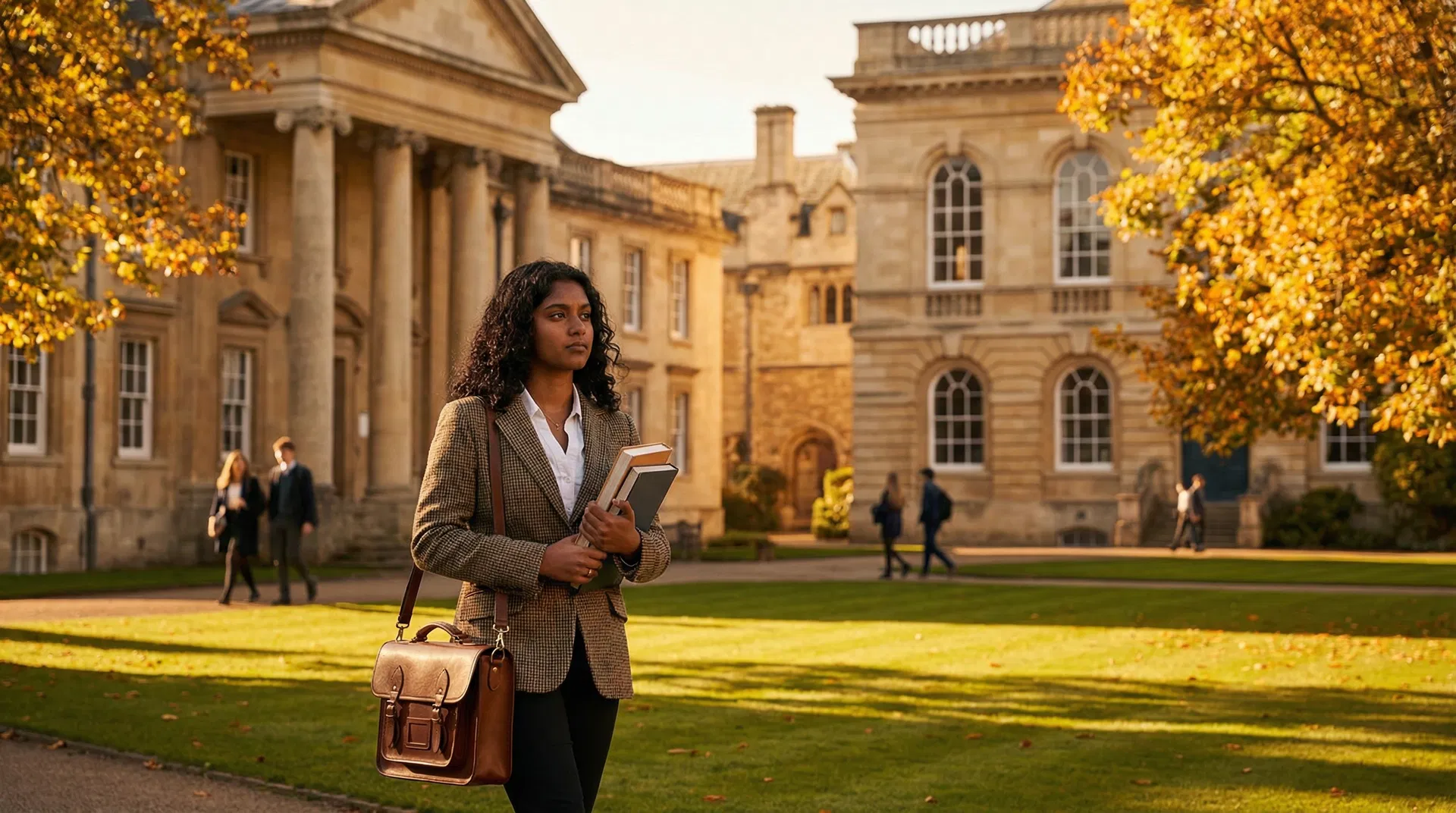 Sri Lankan student standing confidently in front of a prestigious British university building