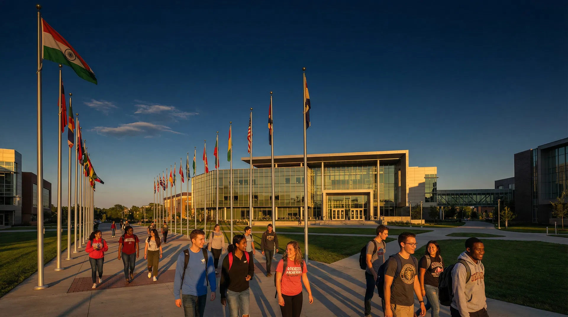 International university campus with diverse students collaborating