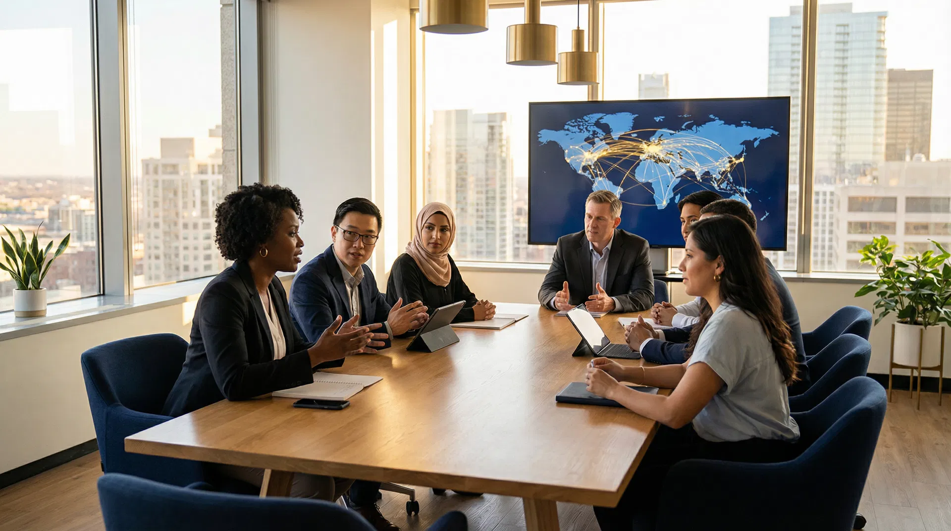 Diverse multicultural education professionals collaborating around a conference table with a global network map in the background