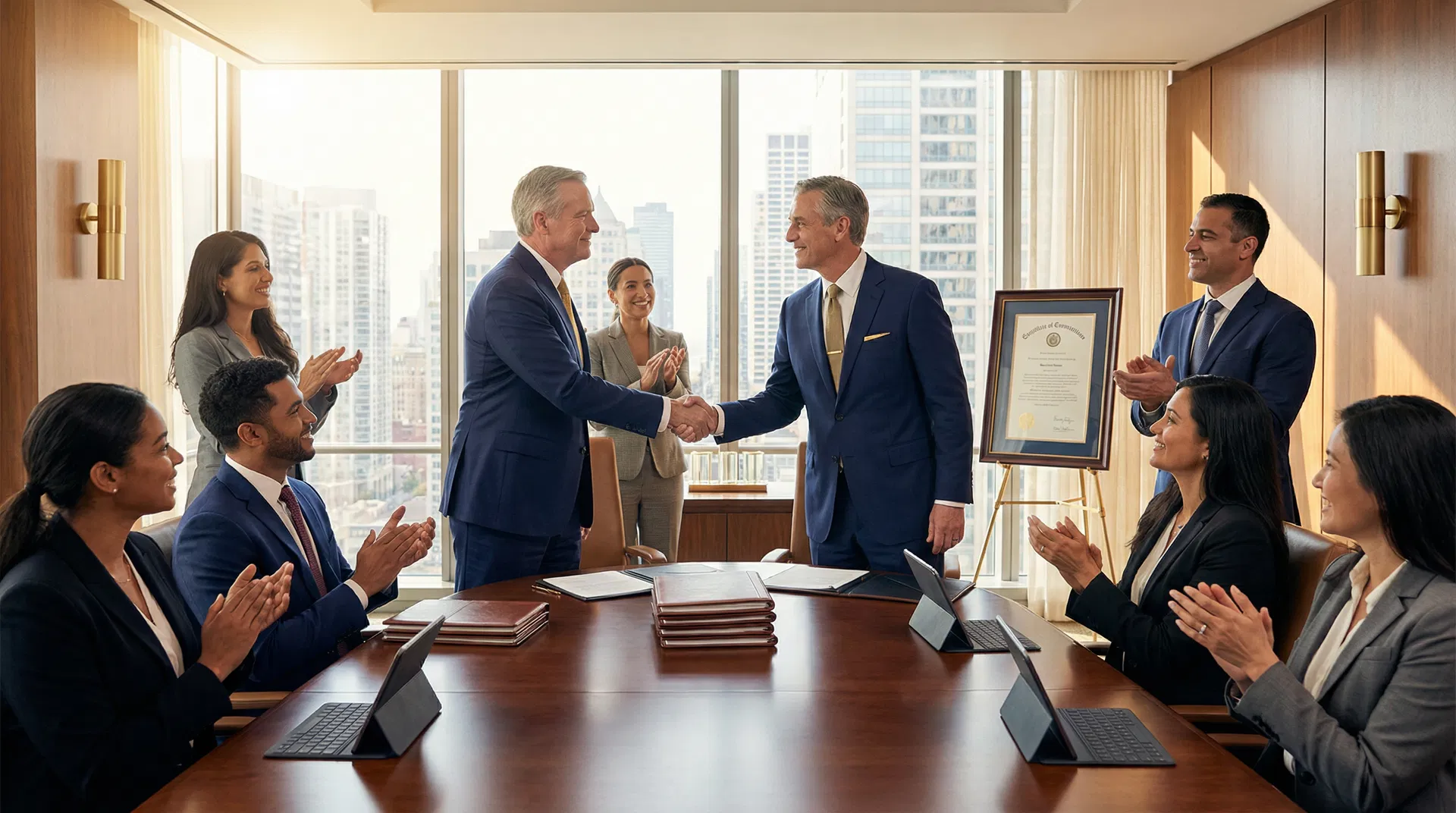 Education leaders shaking hands at a formal partnership signing ceremony in an elegant boardroom