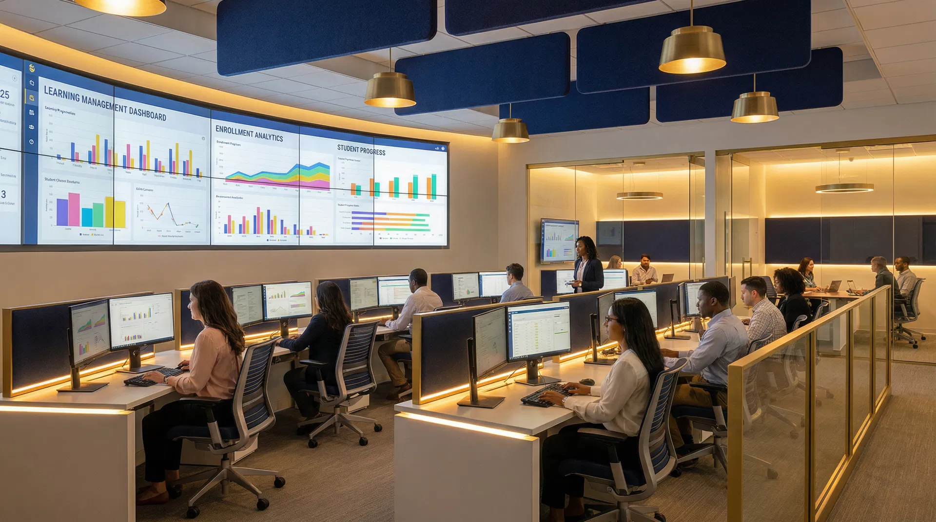 Modern education operations center with analytics dashboards and a diverse team managing academic programs