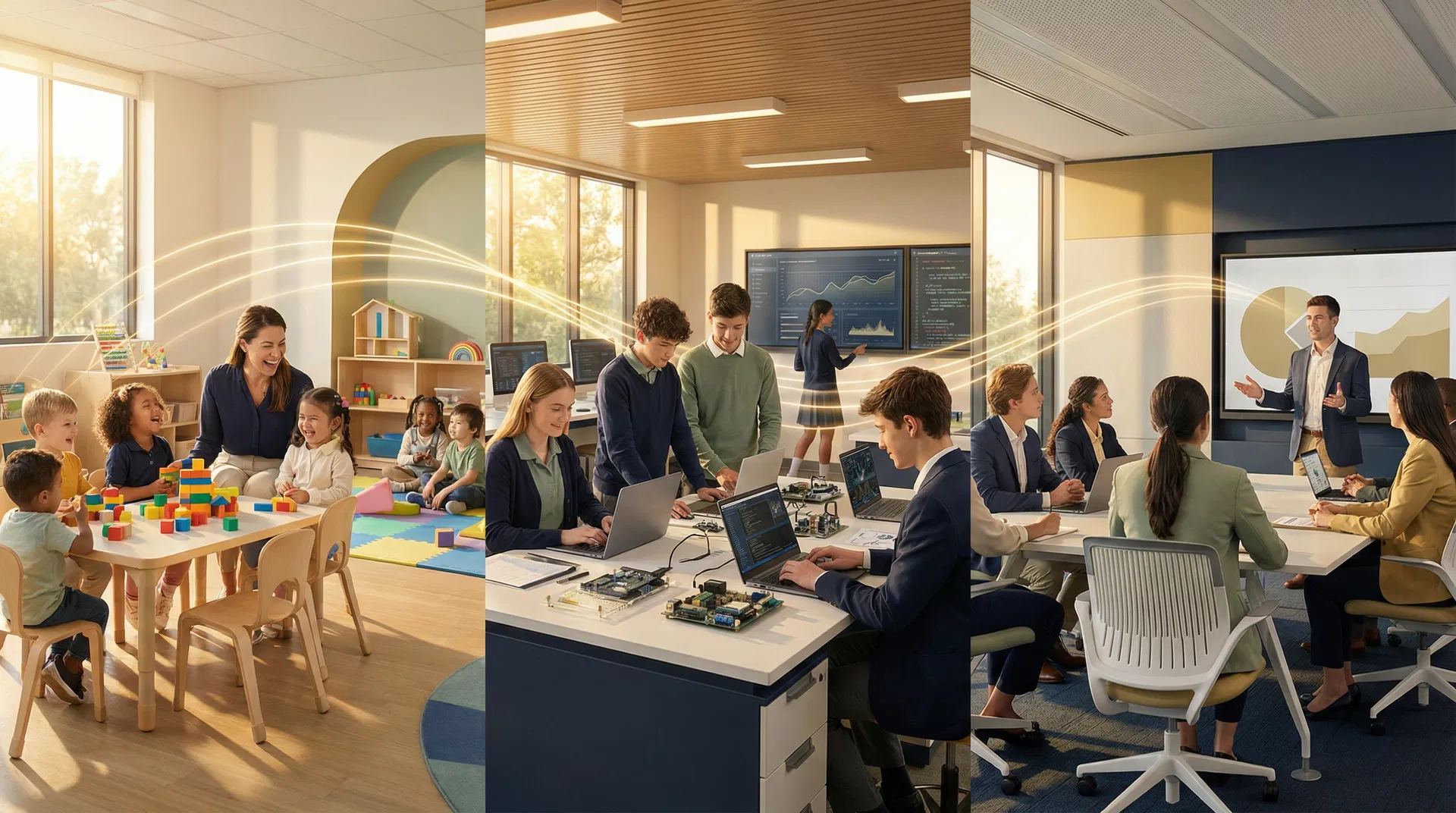 Abstract network visualization representing interconnected education pathways from Pre-K through career