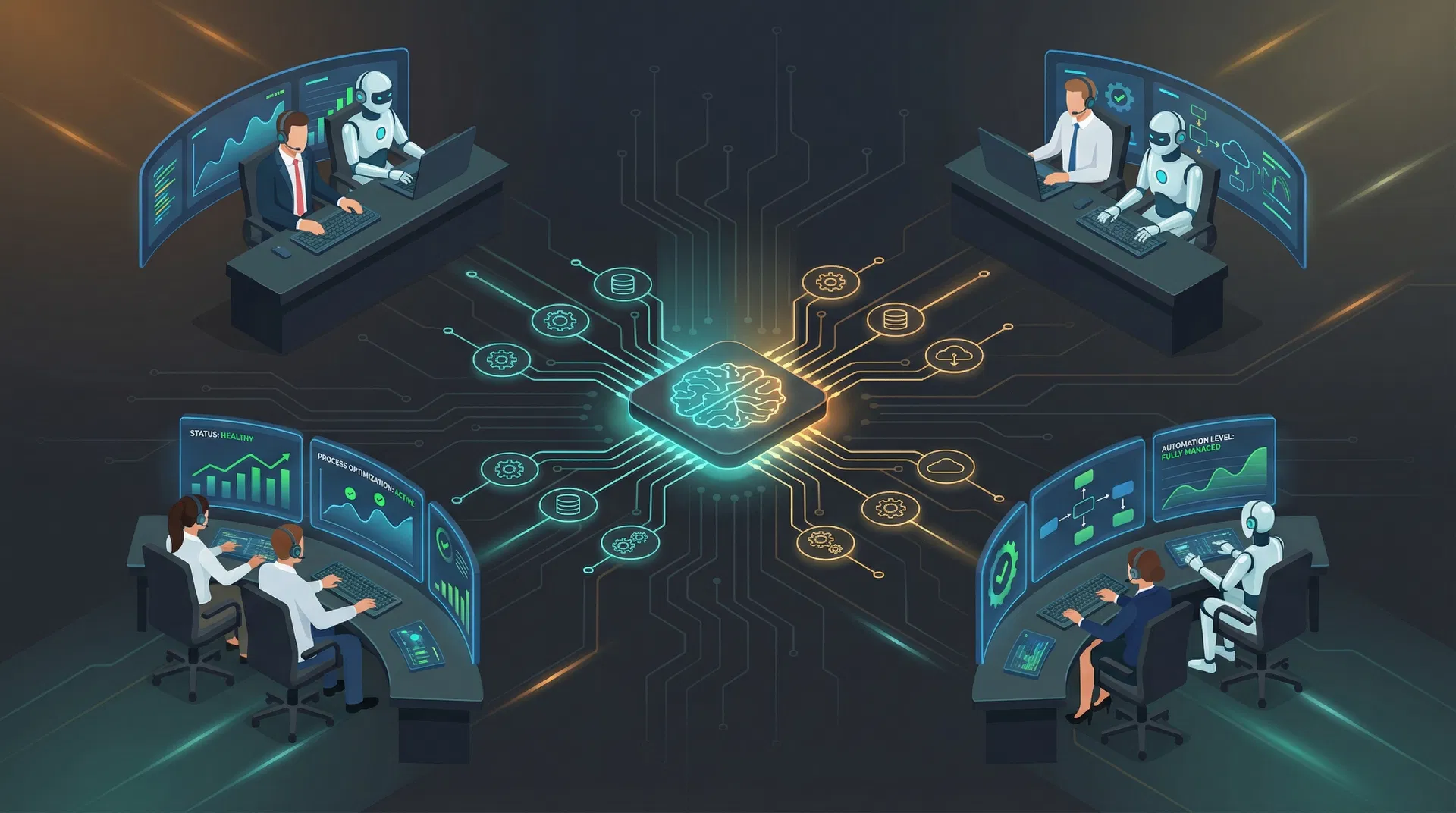 Operations center with human operators and AI agents working together to manage automations