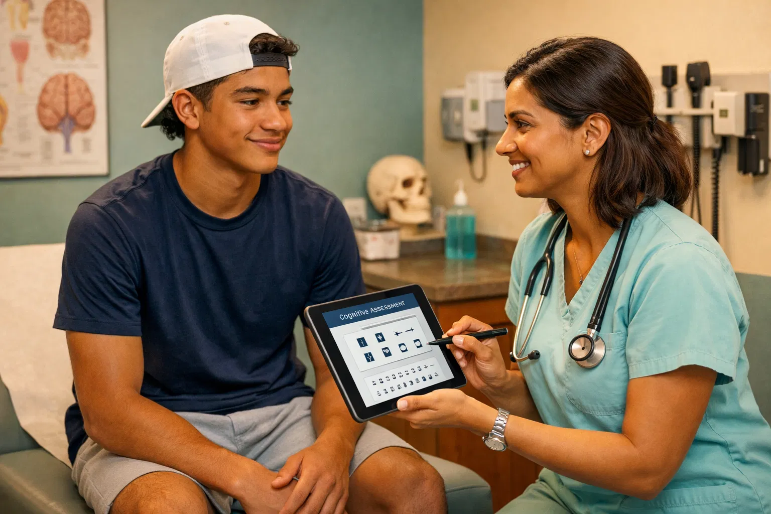 Student athlete receiving concussion assessment