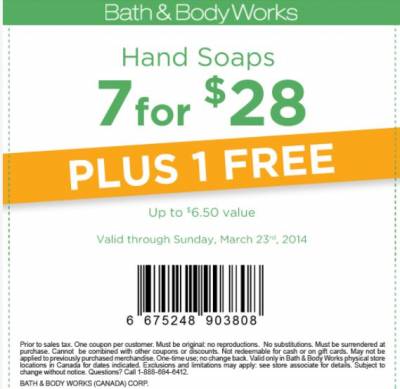 Bath and Body Works Canada: Printable/Mobile Coupon 7 Handsoaps for $28 and ONE FREE!