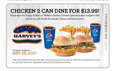 Coupon - 2 Can Dine for $13.99 at Harvey's on May 