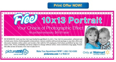 Coupon - Free 10 by 13 Portrait at Walmart