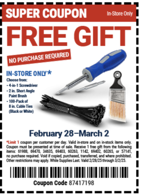 Coupon - Free Gift at Harbor Freight (Feb 28 to Mar 2)