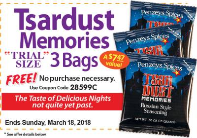 Coupon - Free Penzeys Tsardust Memories Trial Size Bag