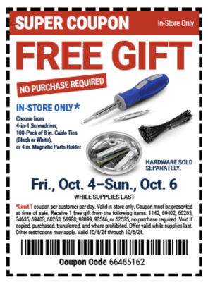Free Gift at harbor freight (Oct 4 to 6)