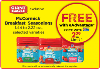 Free McCormick Breakfast Seasonings At Giant Eagle