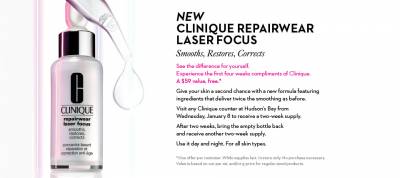 Visit Any Clinique Count at Hudson's Bay-Receive 2-Week Supply of Clinique Repairware Laser Focus