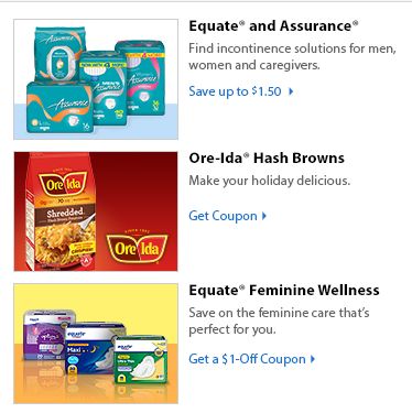 Walmart Printable Coupons: Equate & Assurance, Ore-Ida Hash Browns, Equate Feminine Wellness