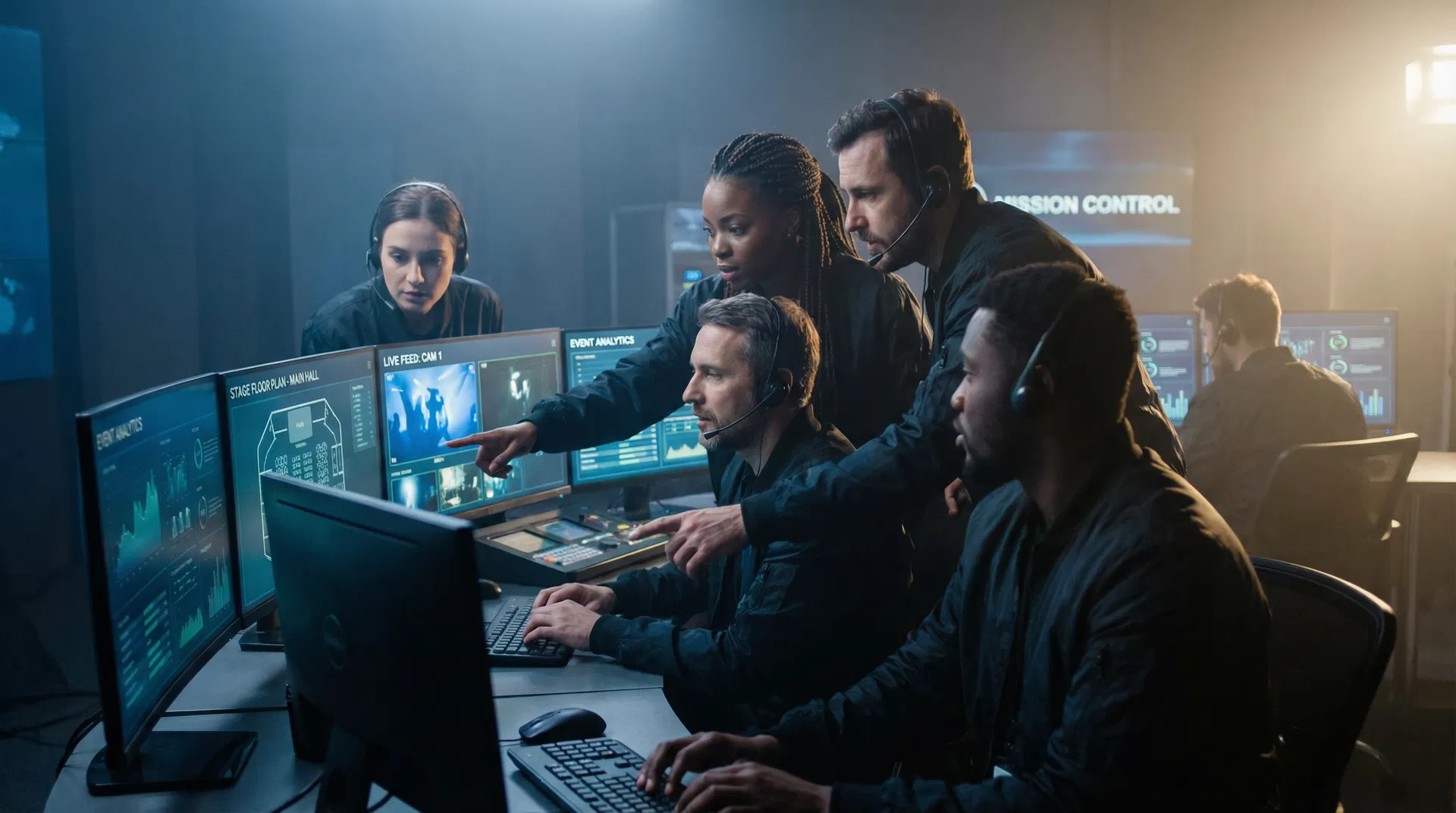 WOMAP USA event production team collaborating in a command center, monitoring live event analytics dashboards and coordinating a Fortune 500 brand activation