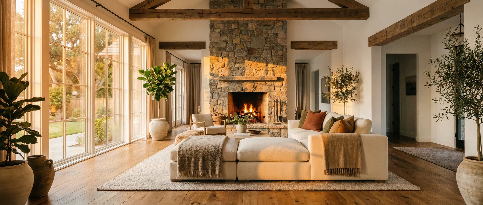 Cozy modern farmhouse living room with stone fireplace and warm golden light