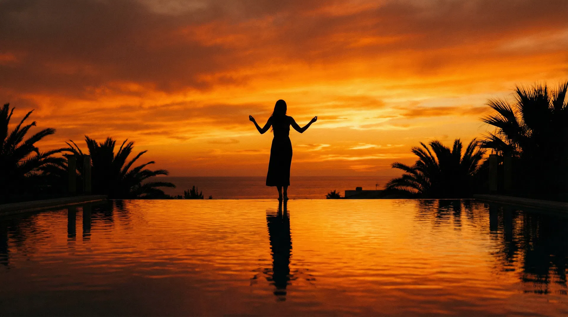 Goddess silhouette at sunset infinity pool