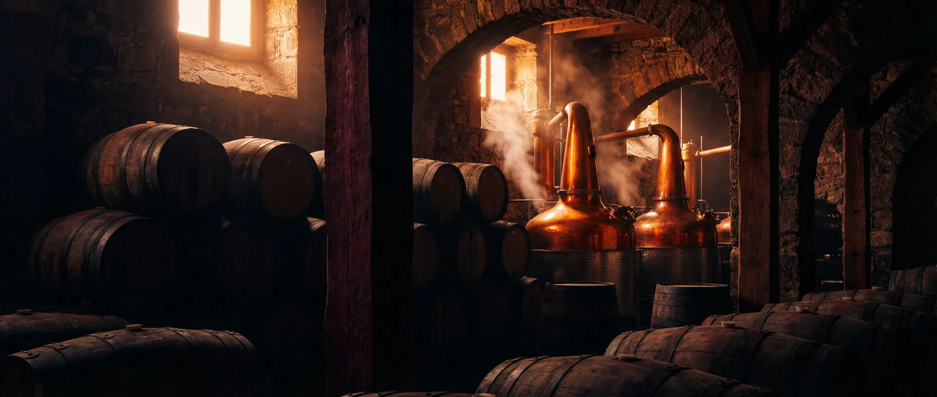 Distillery cellar with copper stills