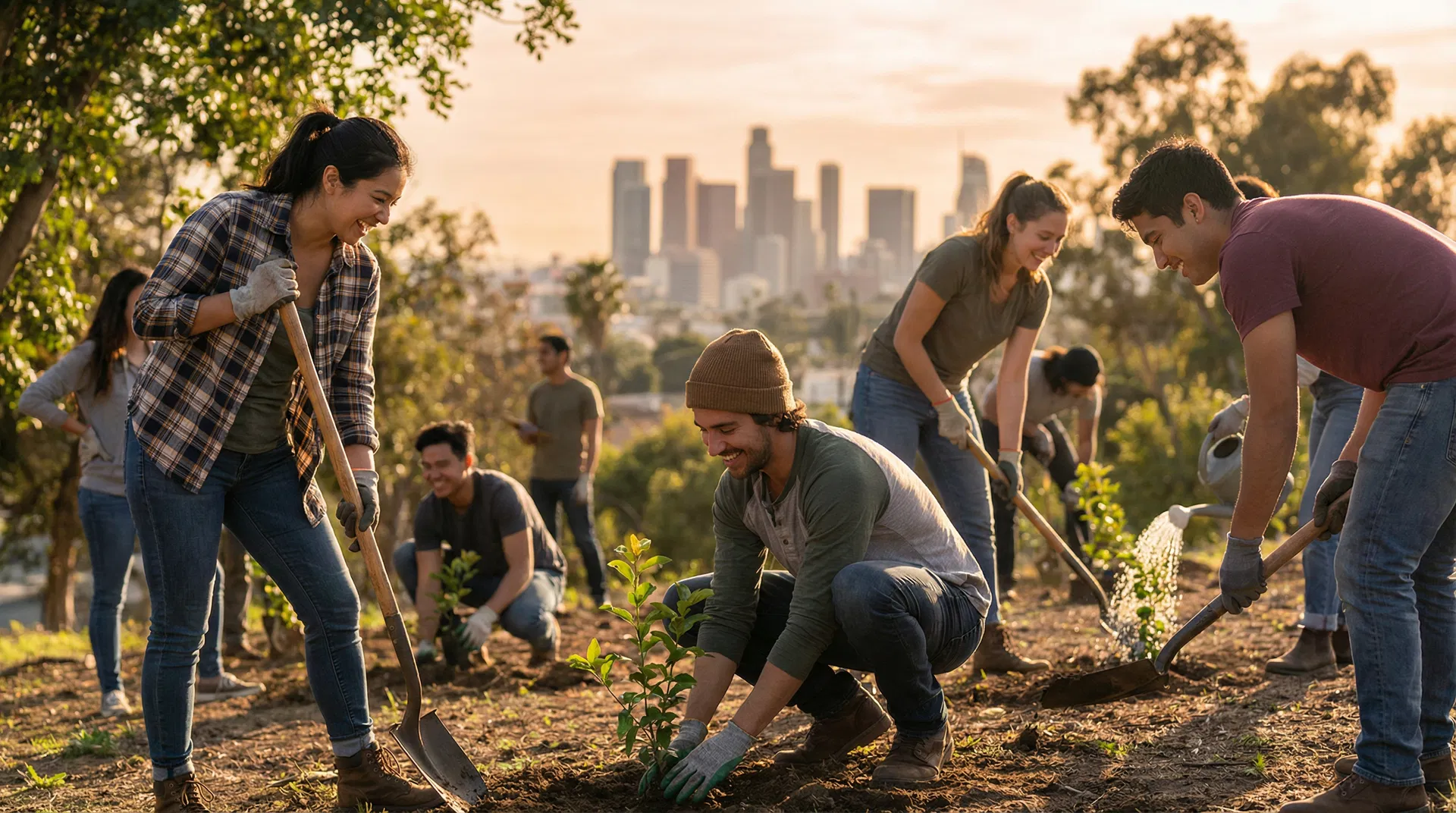 Volunteers planting trees together at golden hour