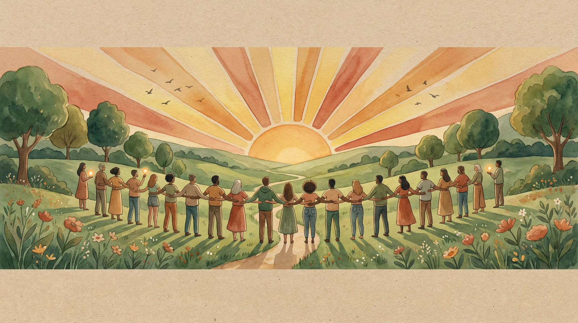 A diverse community standing together on a hillside at golden hour, arms linked, facing the sunrise