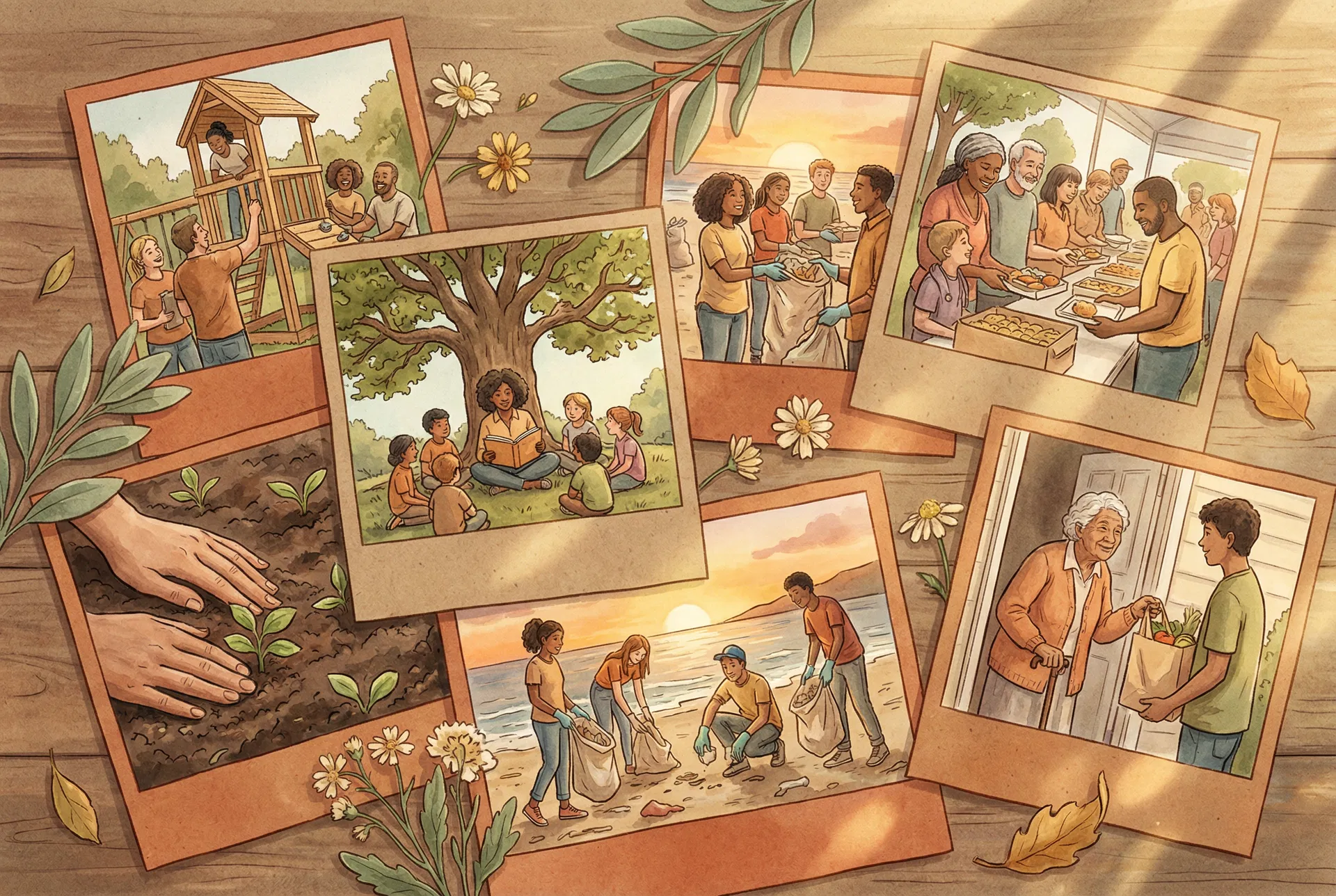 Polaroid-style photos of real community missions — building, teaching, cooking, planting, cleaning