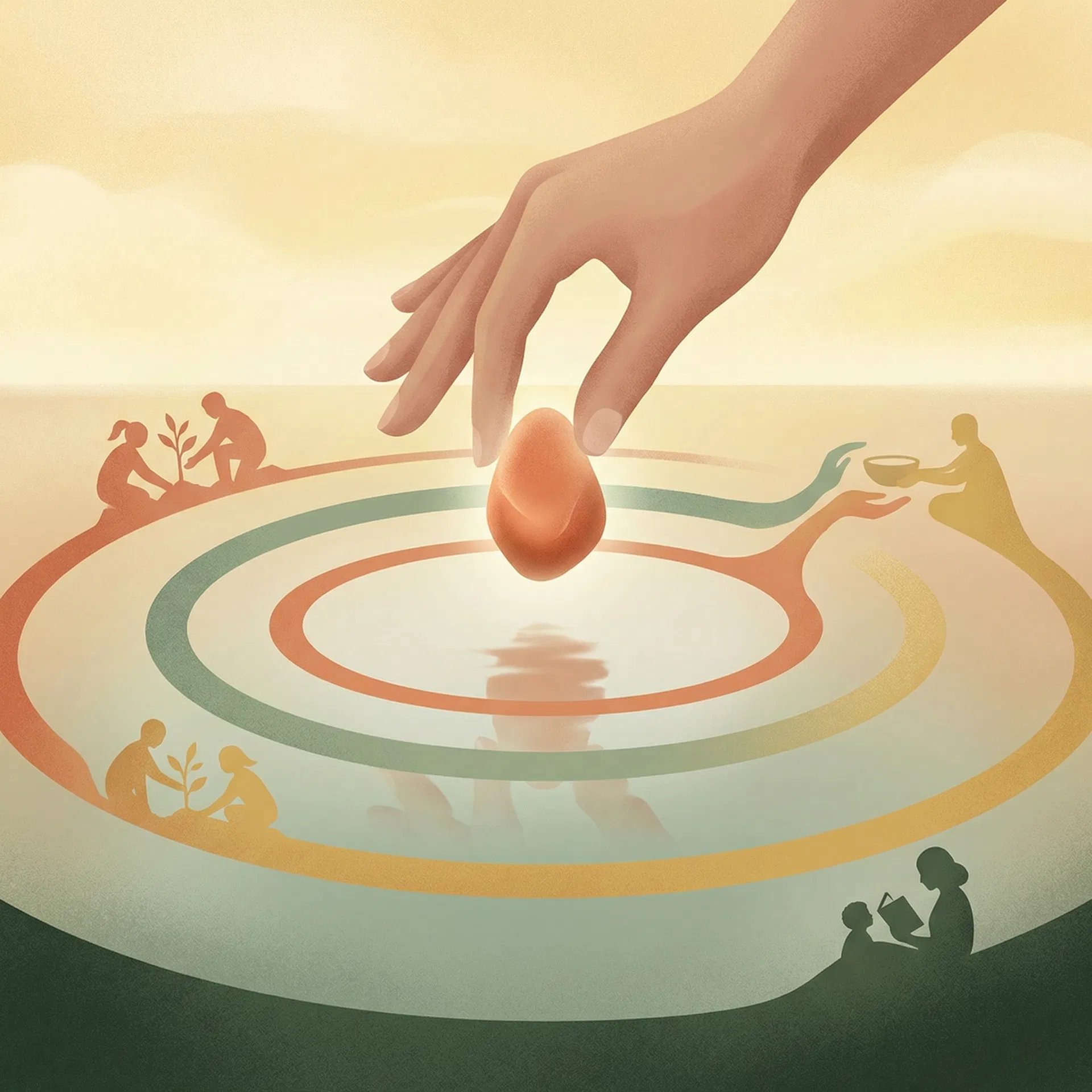 A hand dropping a stone into water, creating ripples that transform into silhouettes of people helping each other